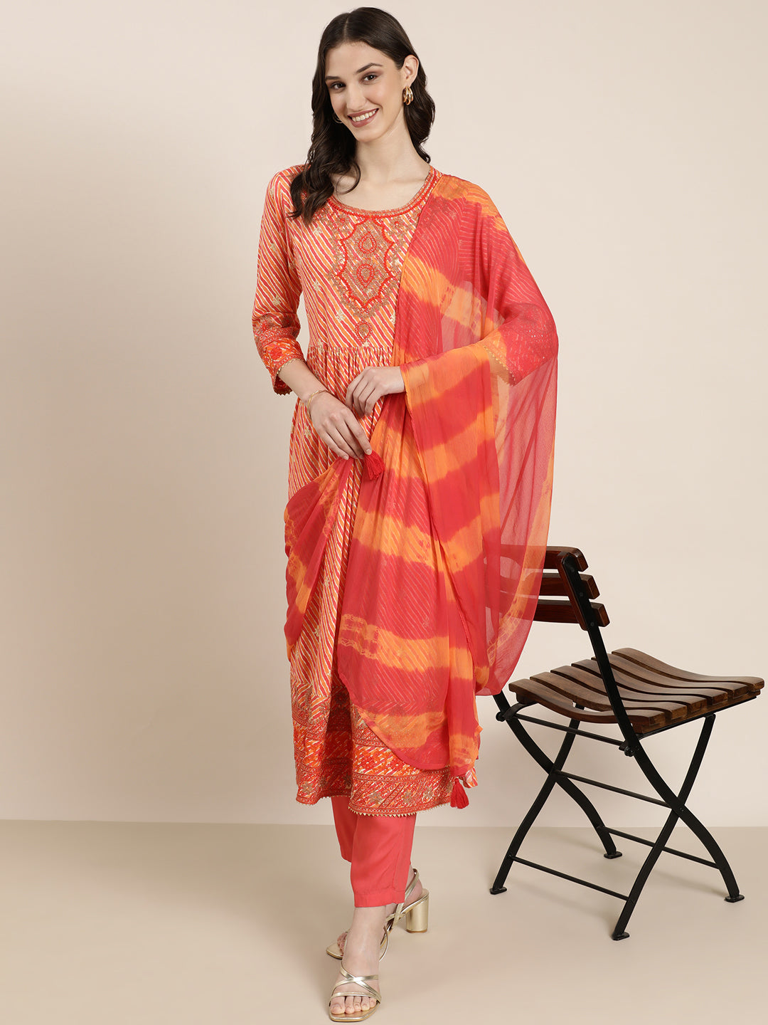 Women Orange Striped Kurta Set