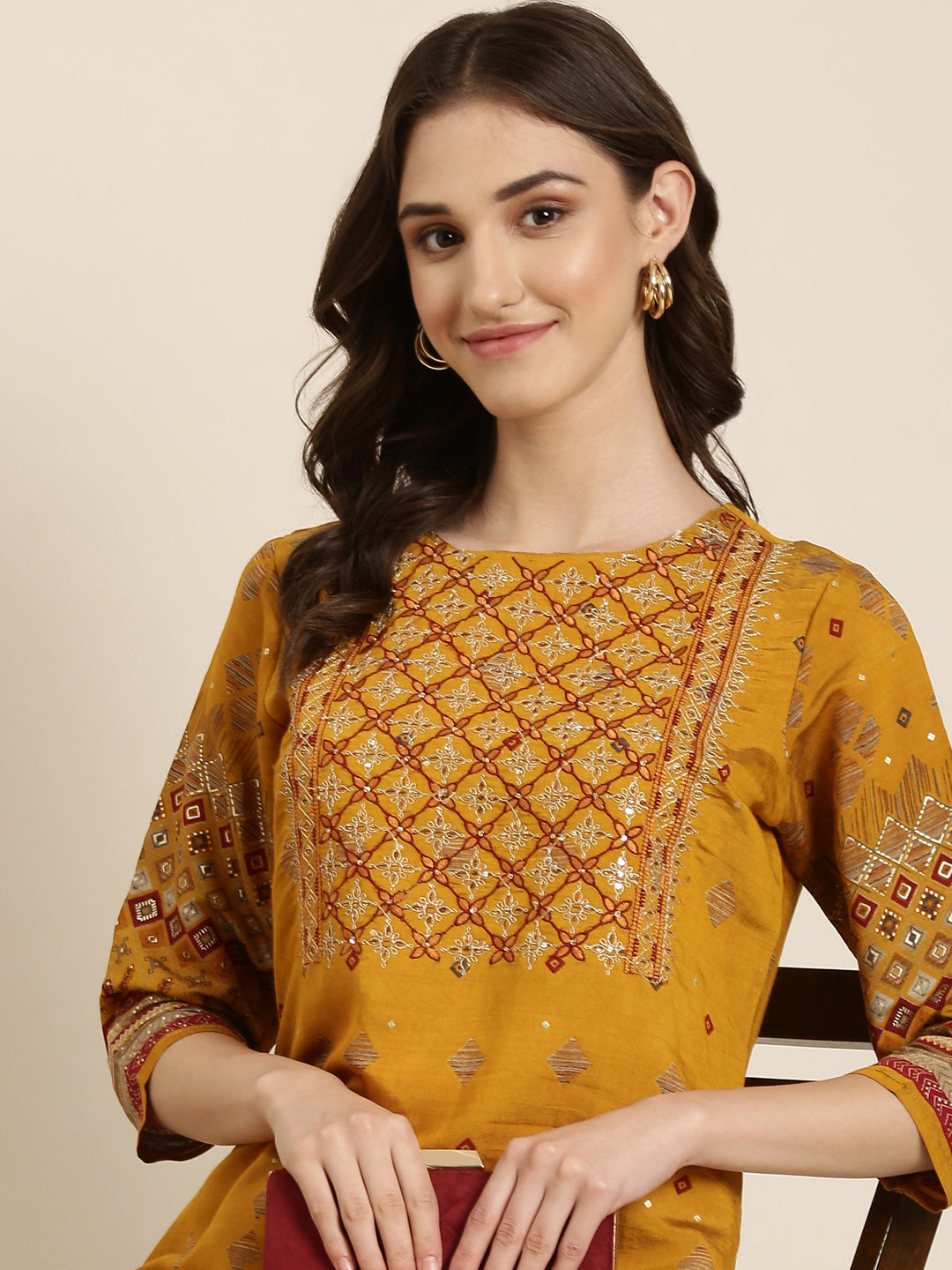 Women Mustard Embellished Straight Kurta