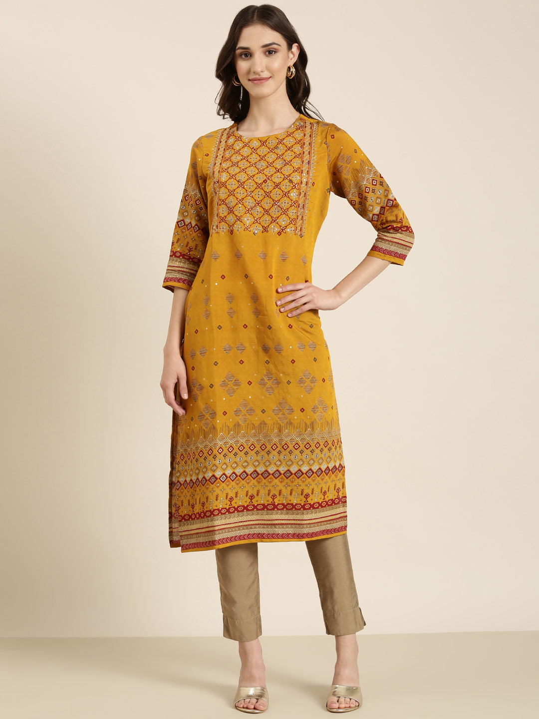 Women Mustard Embellished Straight Kurta