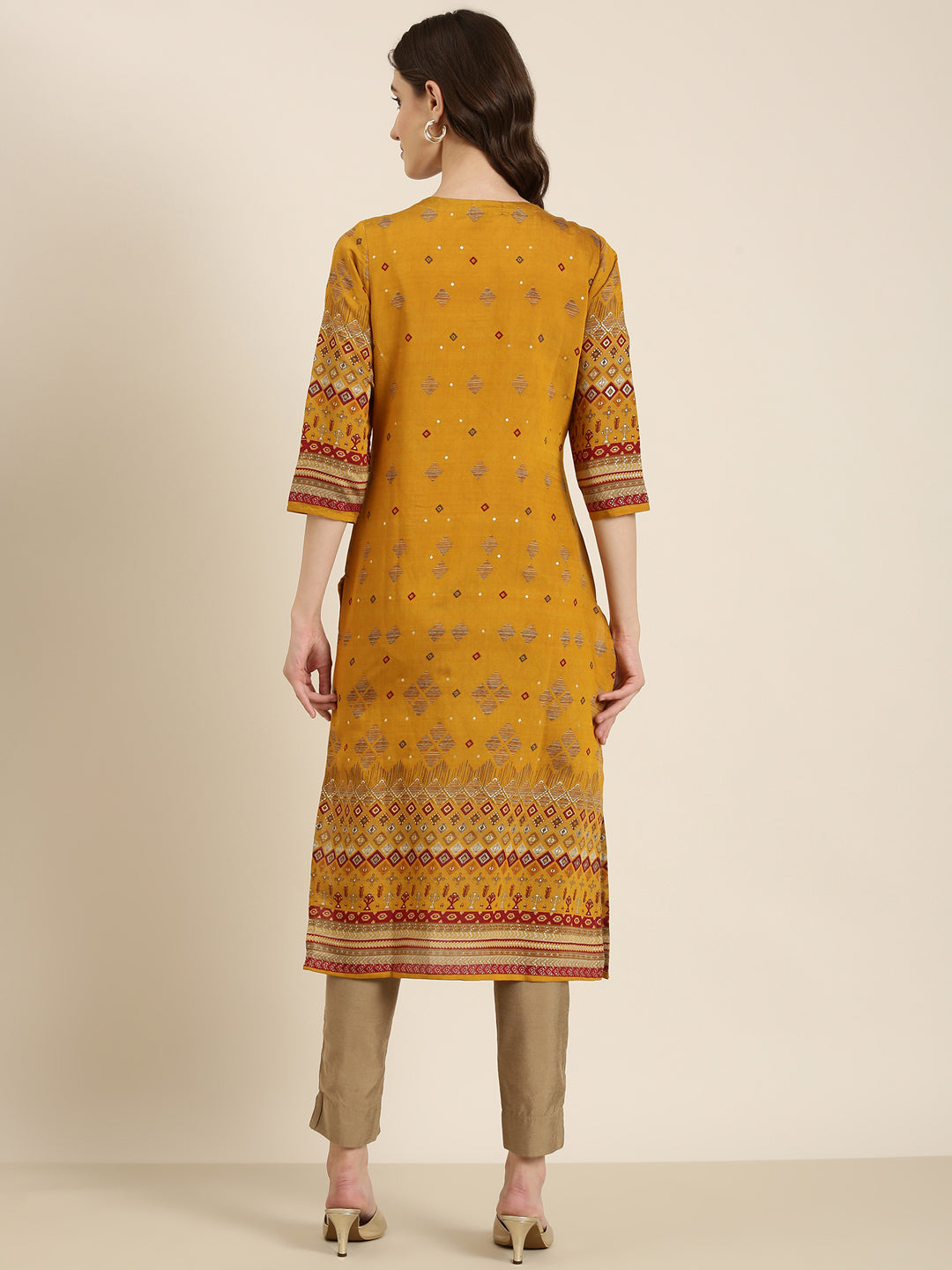 Women Mustard Embellished Straight Kurta