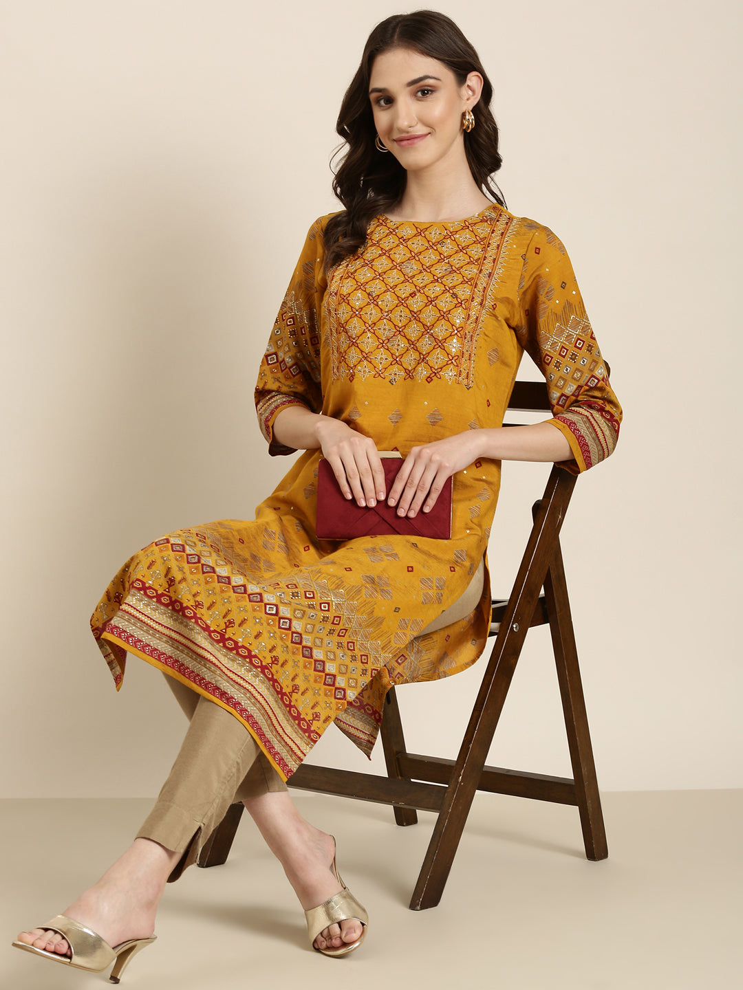 Women Mustard Embellished Straight Kurta