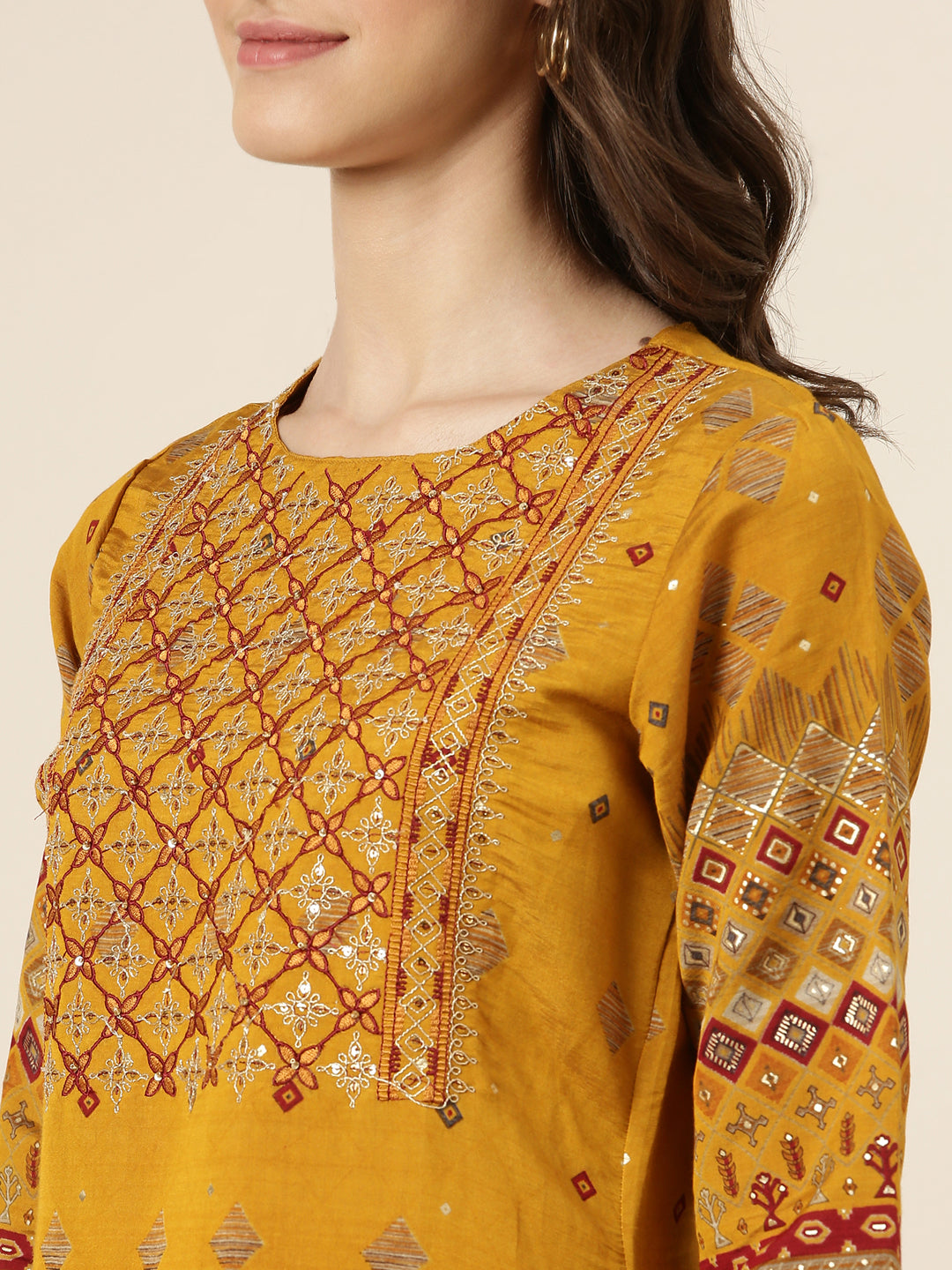 Women Mustard Embellished Straight Kurta