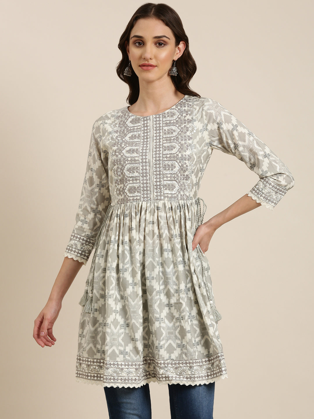 Women Off White Geometrical A-Line Kurti