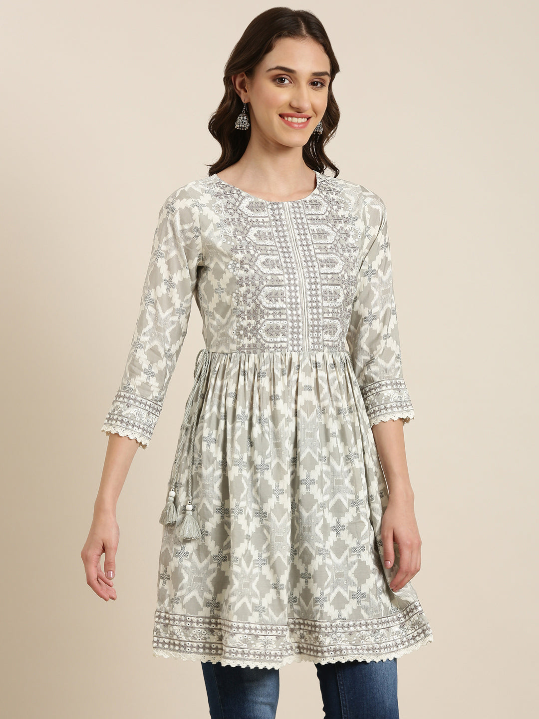 Women Off White Geometrical A-Line Kurti