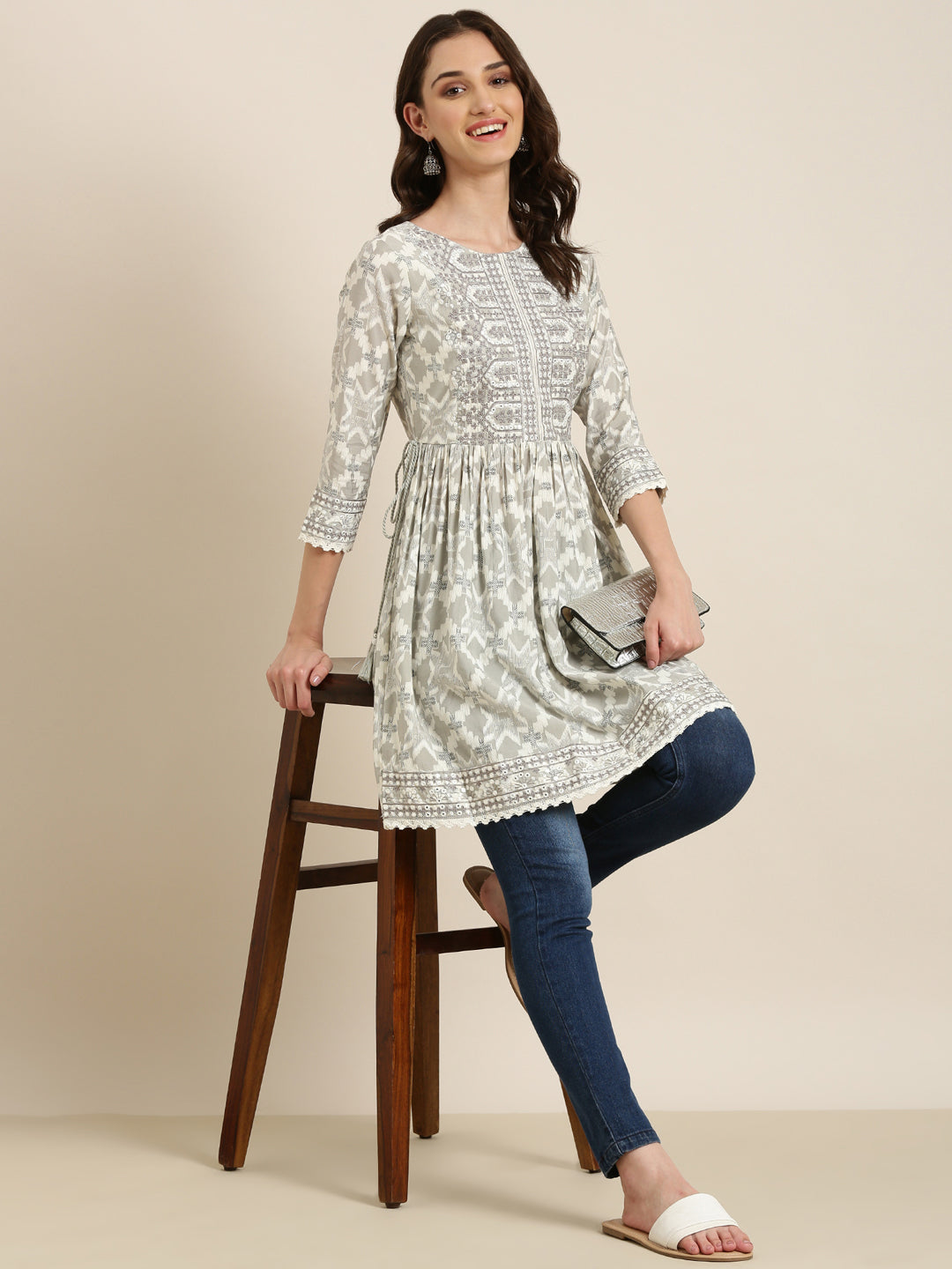 Women Off White Geometrical A-Line Kurti