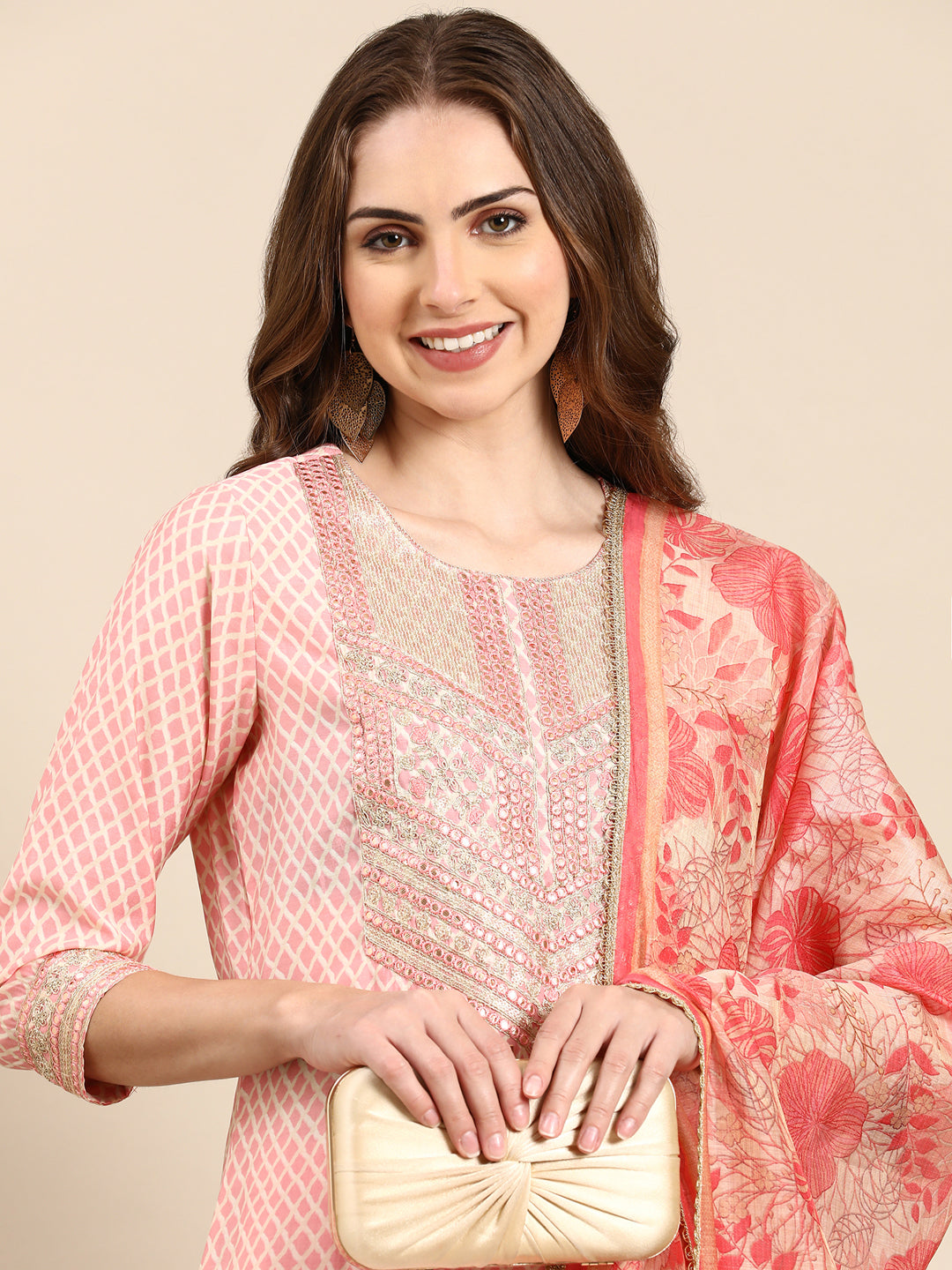 Women's Coral Geometric Printed Thread Work Kurta Set With Dupatta