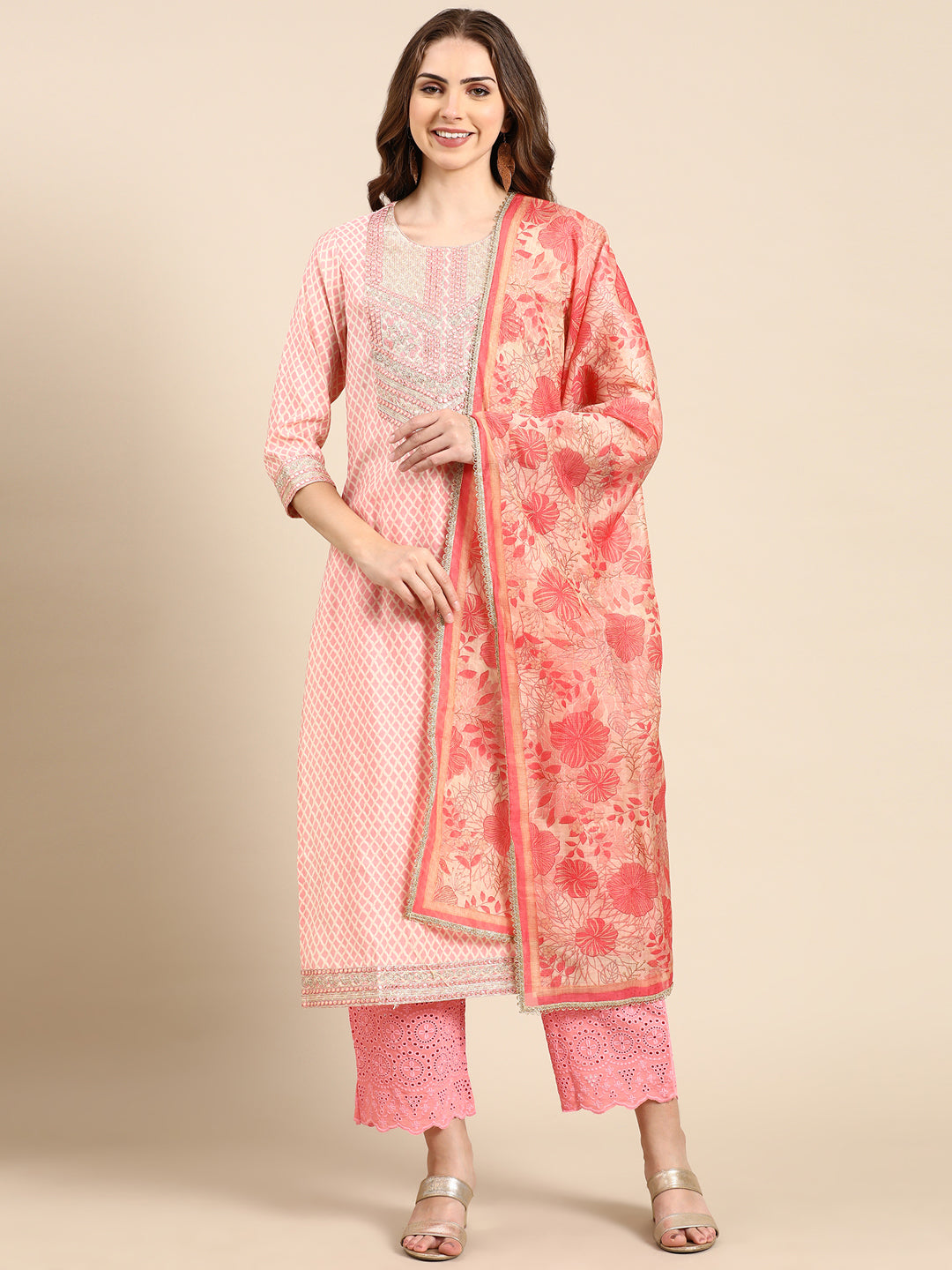 Women's Coral Geometric Printed Thread Work Kurta Set With Dupatta
