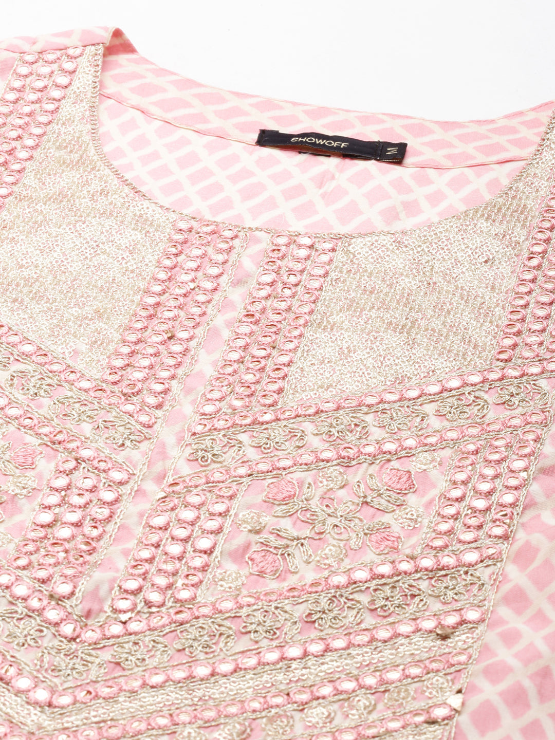 Women's Coral Geometric Printed Thread Work Kurta Set With Dupatta