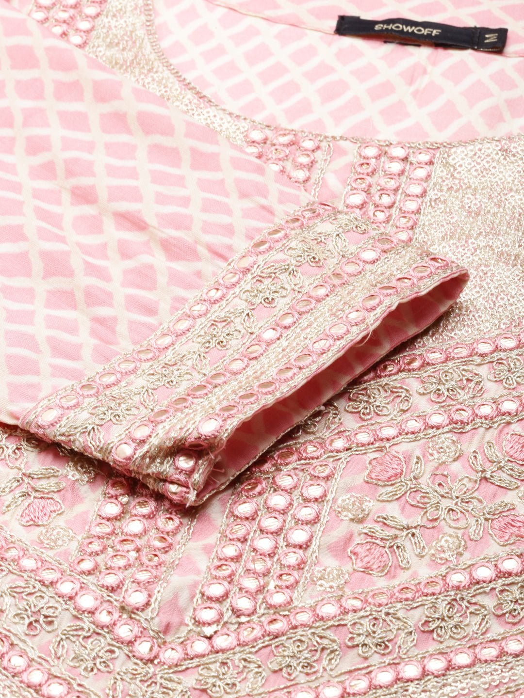 Women's Coral Geometric Printed Thread Work Kurta Set With Dupatta