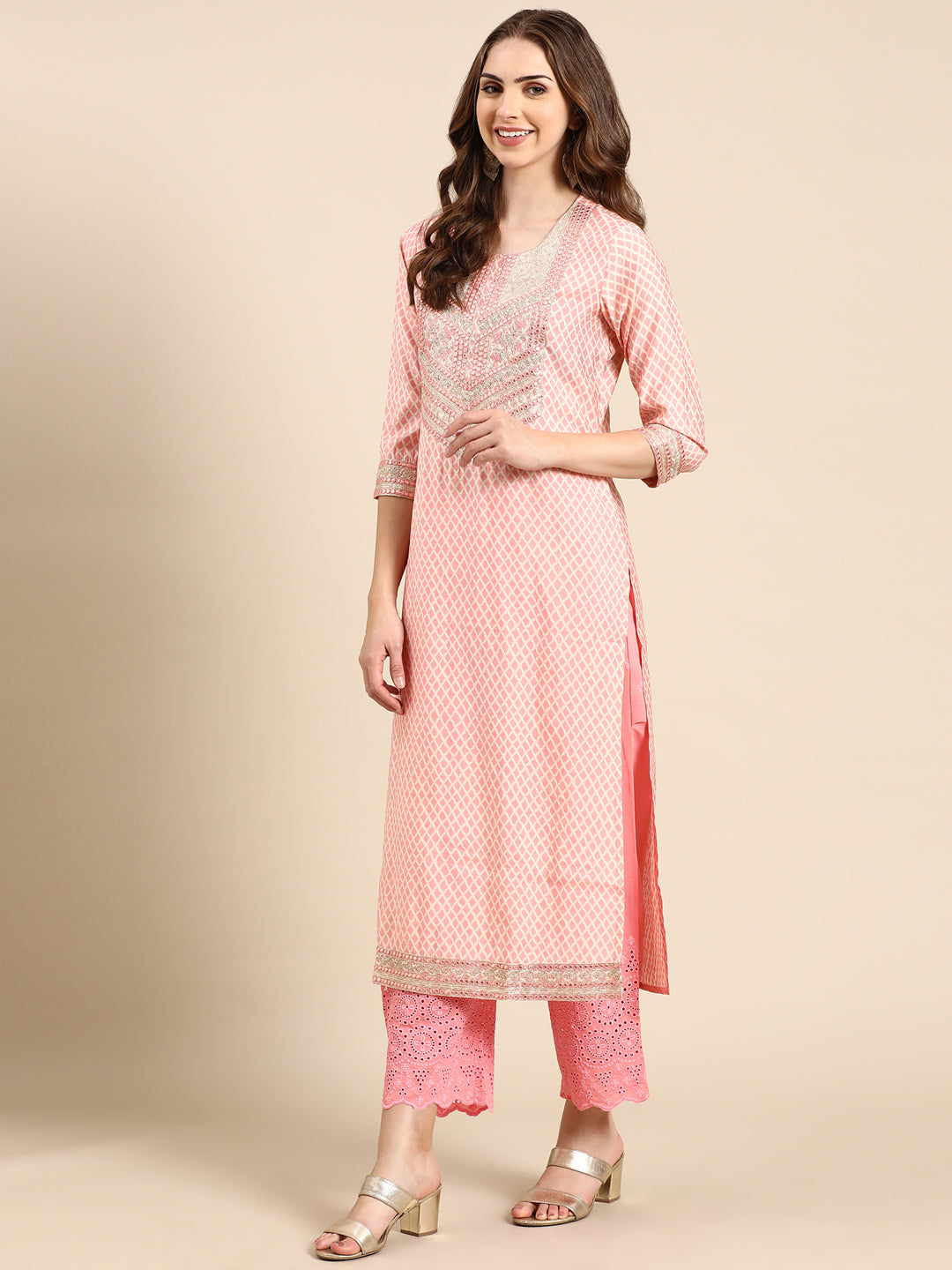 Women's Coral Geometric Printed Thread Work Kurta Set With Dupatta