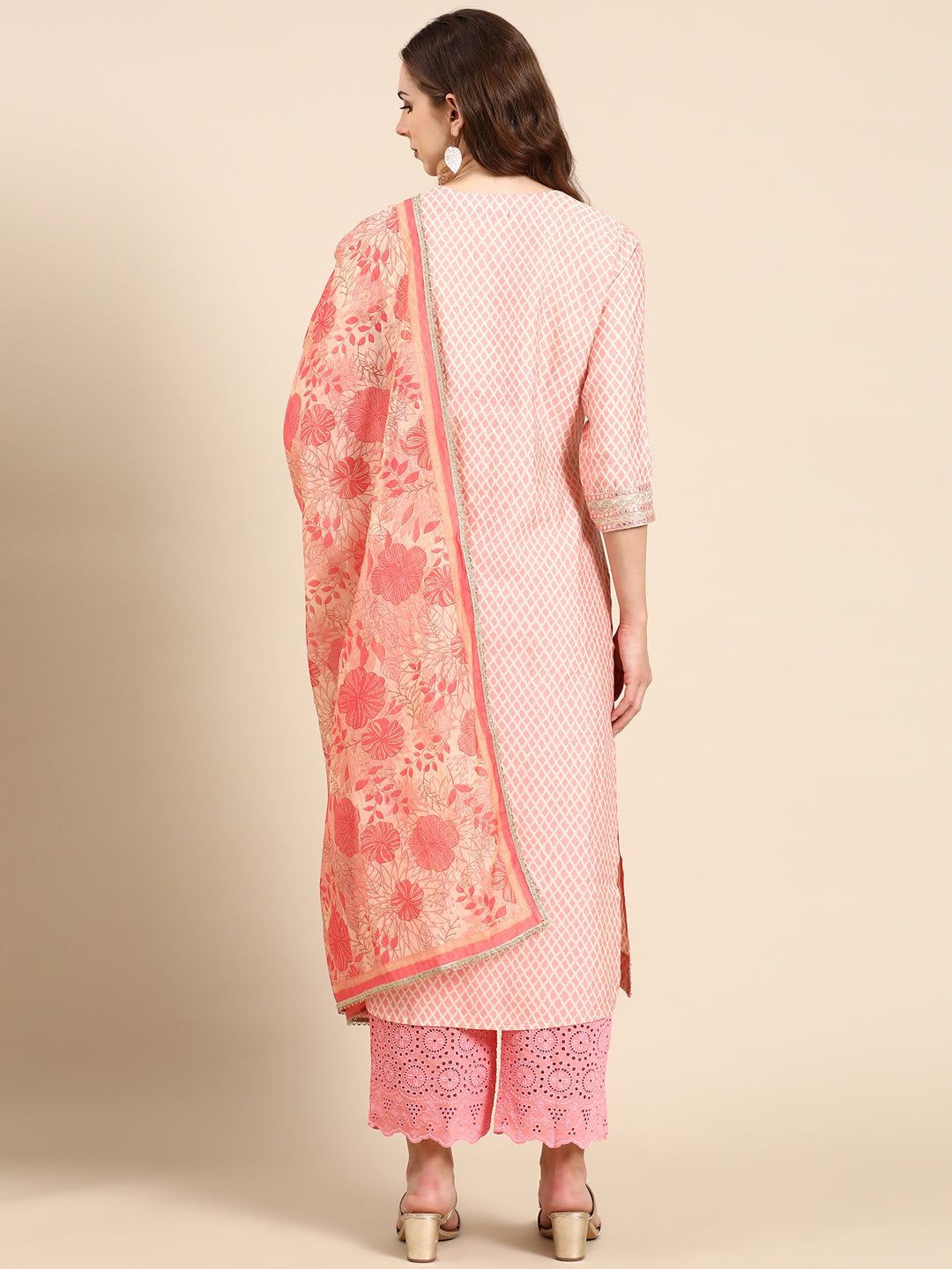 Women's Coral Geometric Printed Thread Work Kurta Set With Dupatta