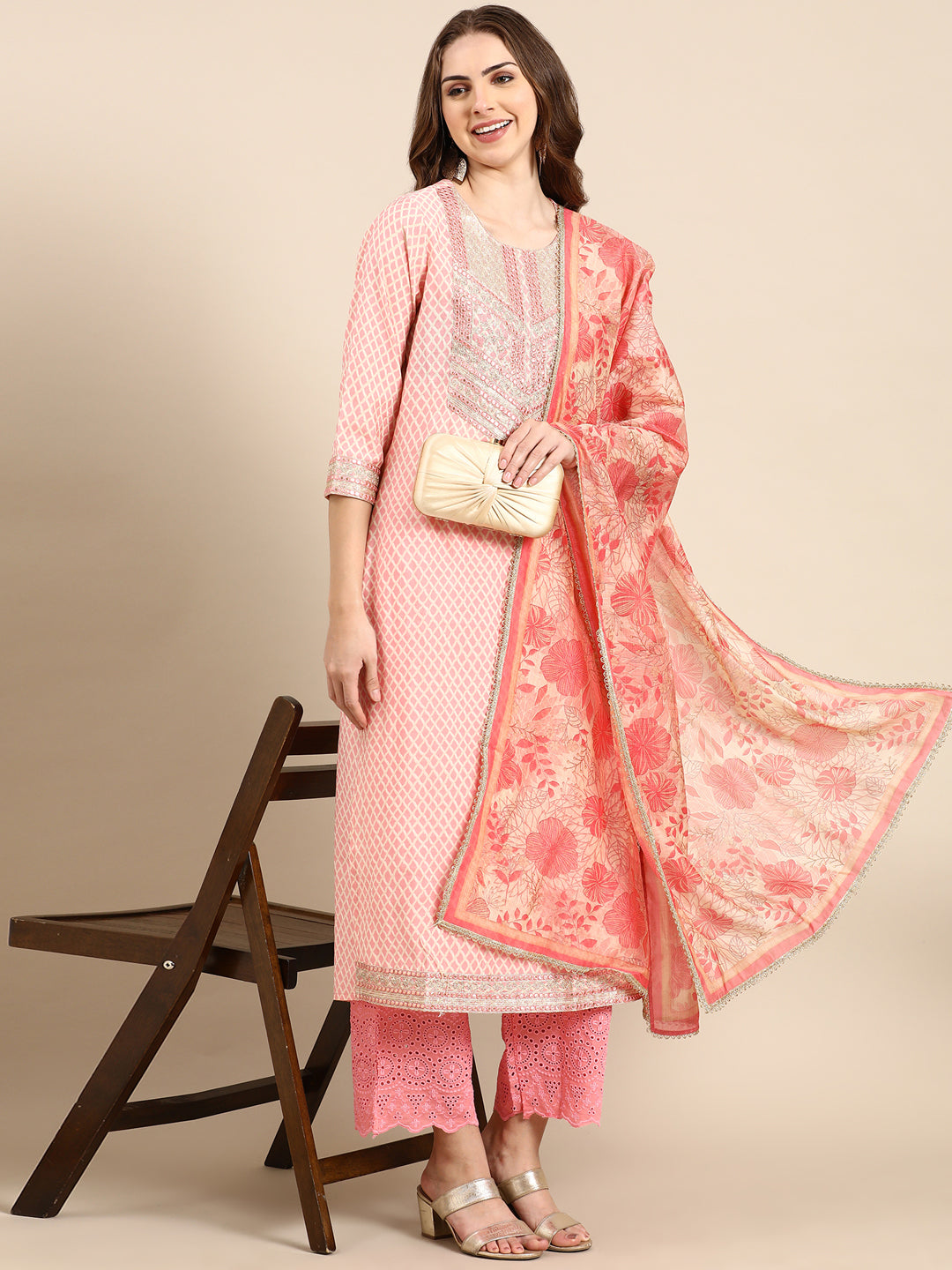 Women's Coral Geometric Printed Thread Work Kurta Set With Dupatta