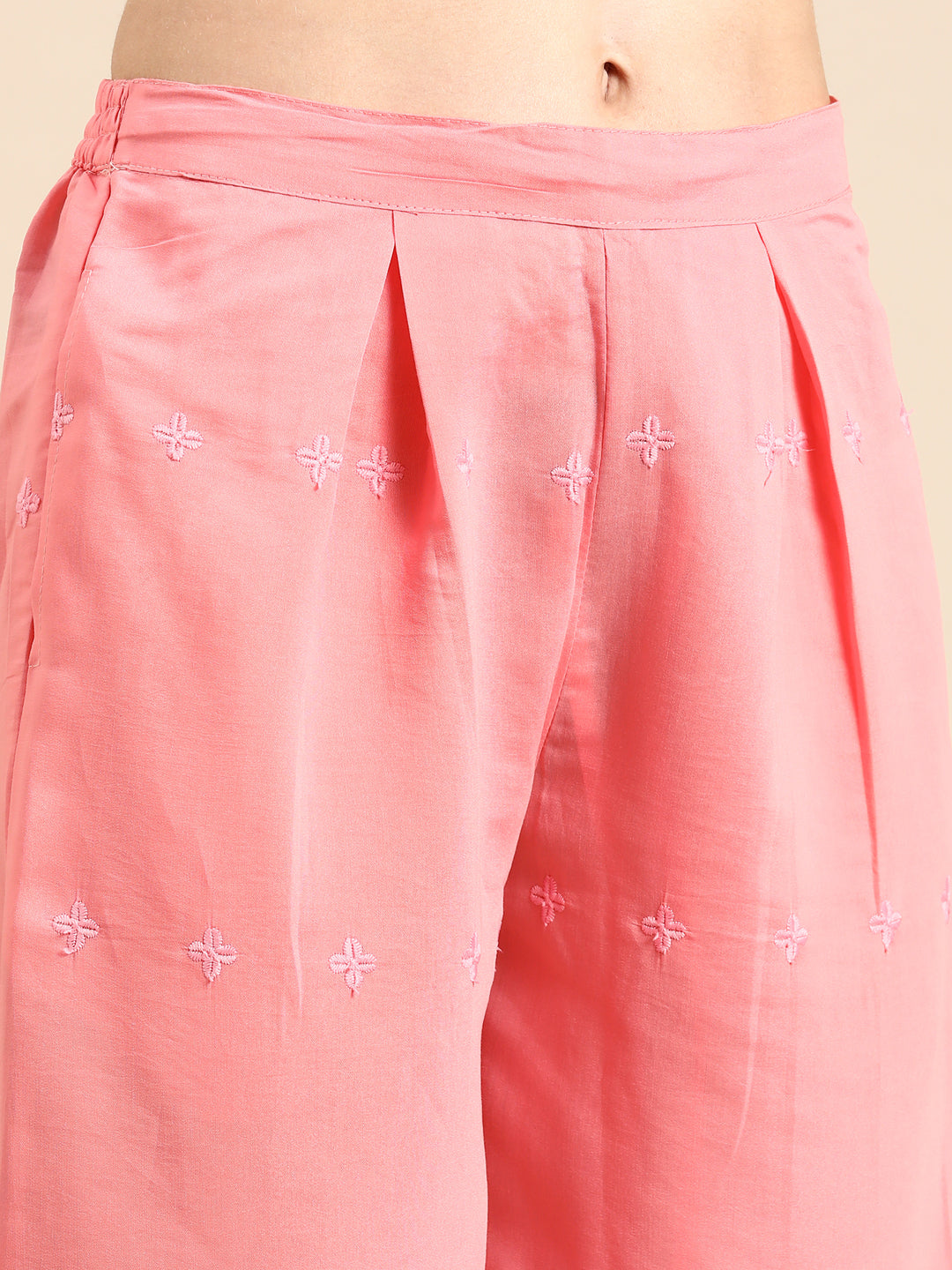 Women's Coral Geometric Printed Thread Work Kurta Set With Dupatta