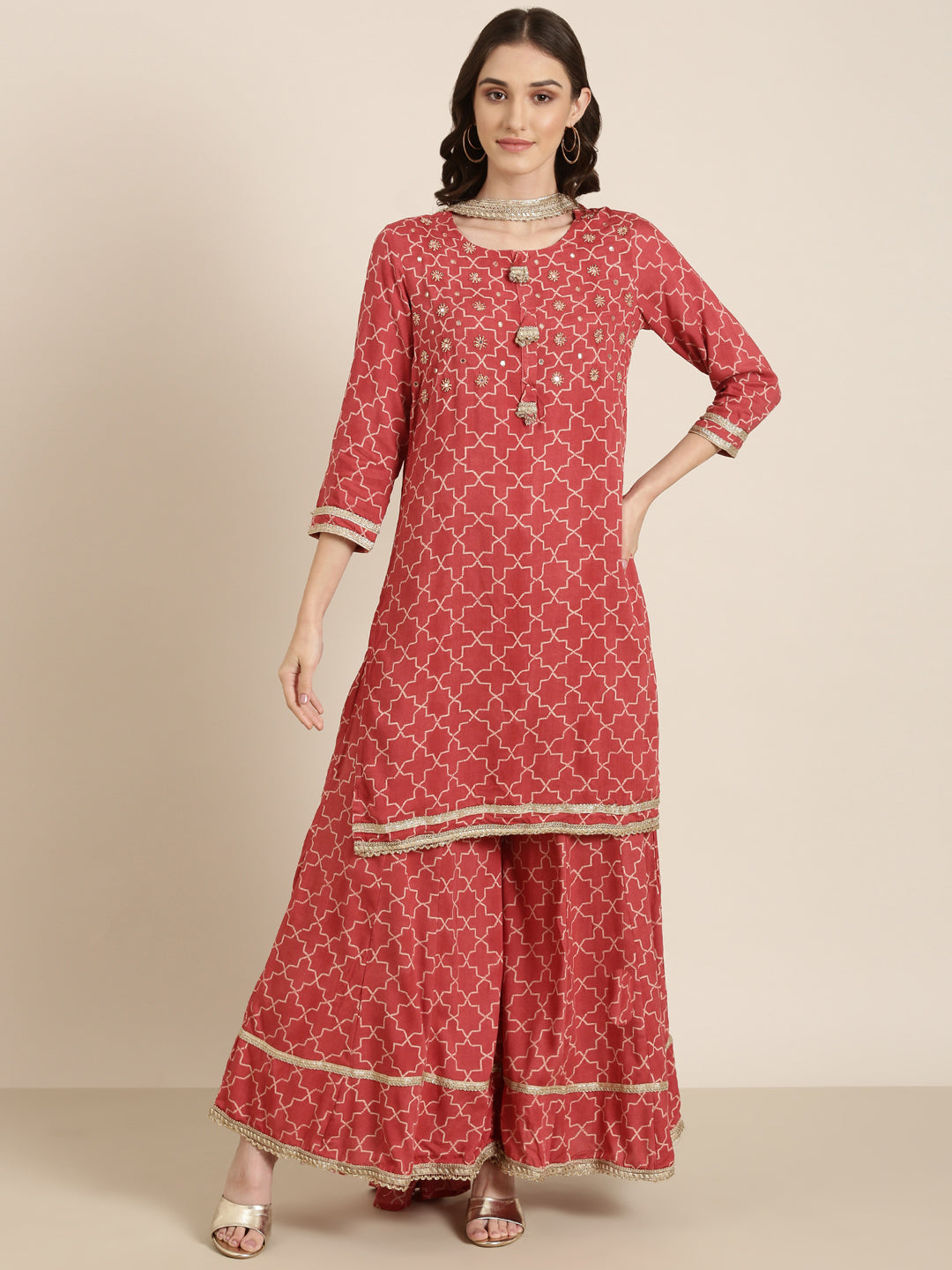 Women's Coral Geometric Printed Mirror Work Straight Kurta Set with Dupatta