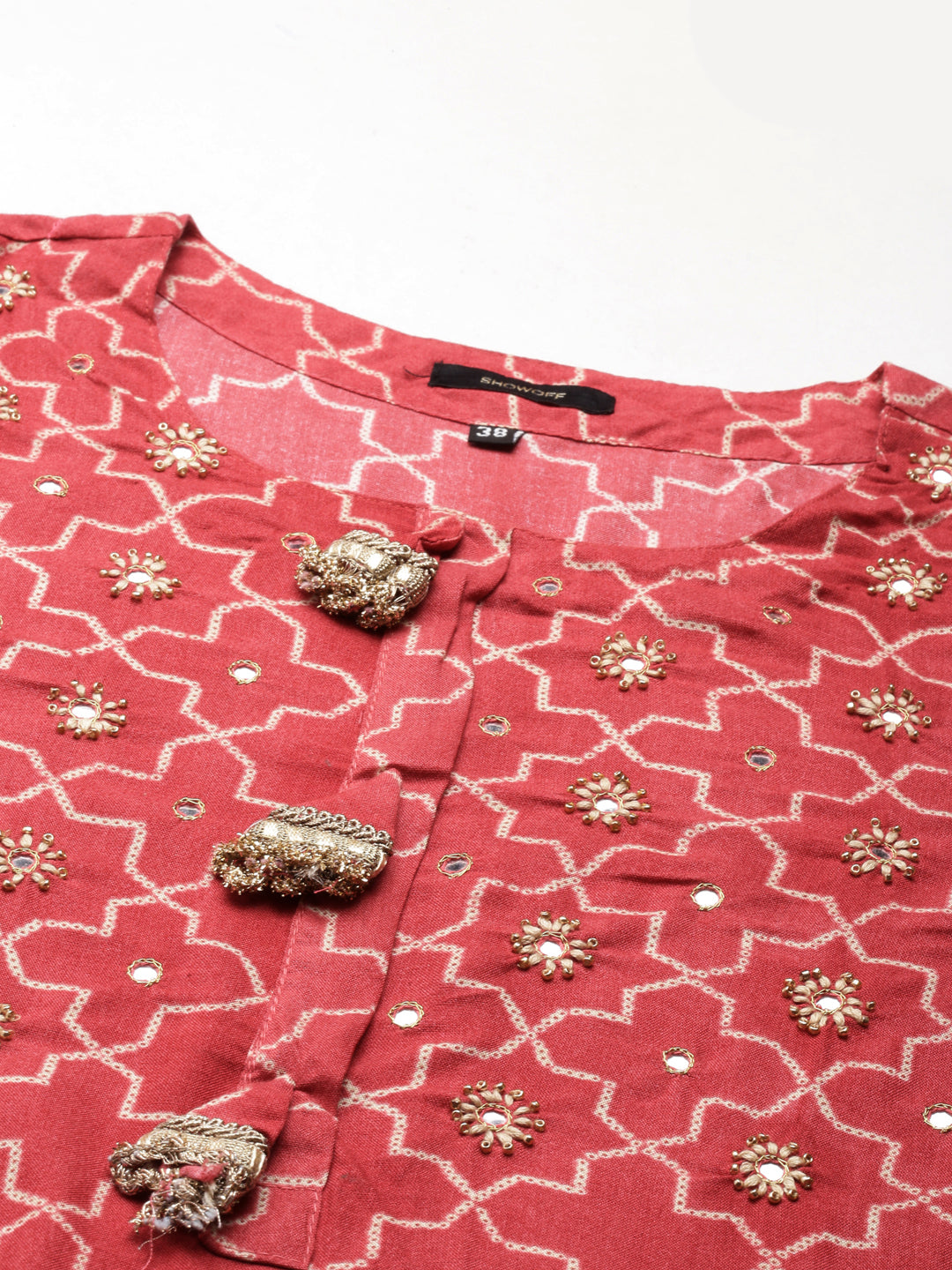 Women's Coral Geometric Printed Mirror Work Straight Kurta Set with Dupatta