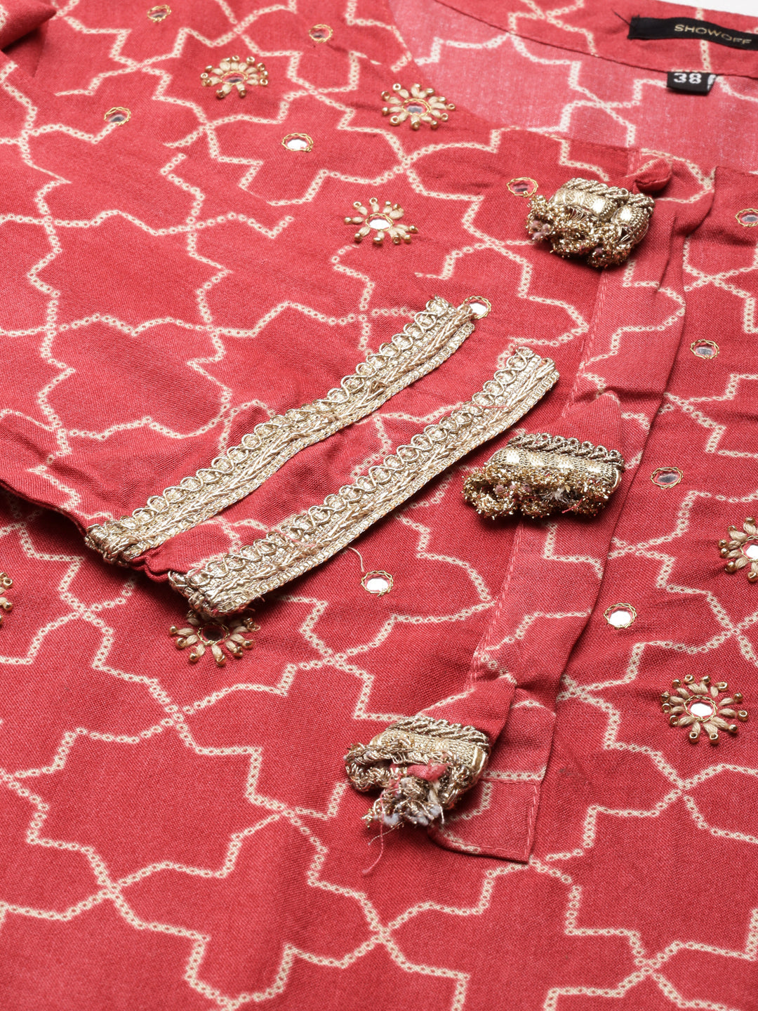 Women's Coral Geometric Printed Mirror Work Straight Kurta Set with Dupatta