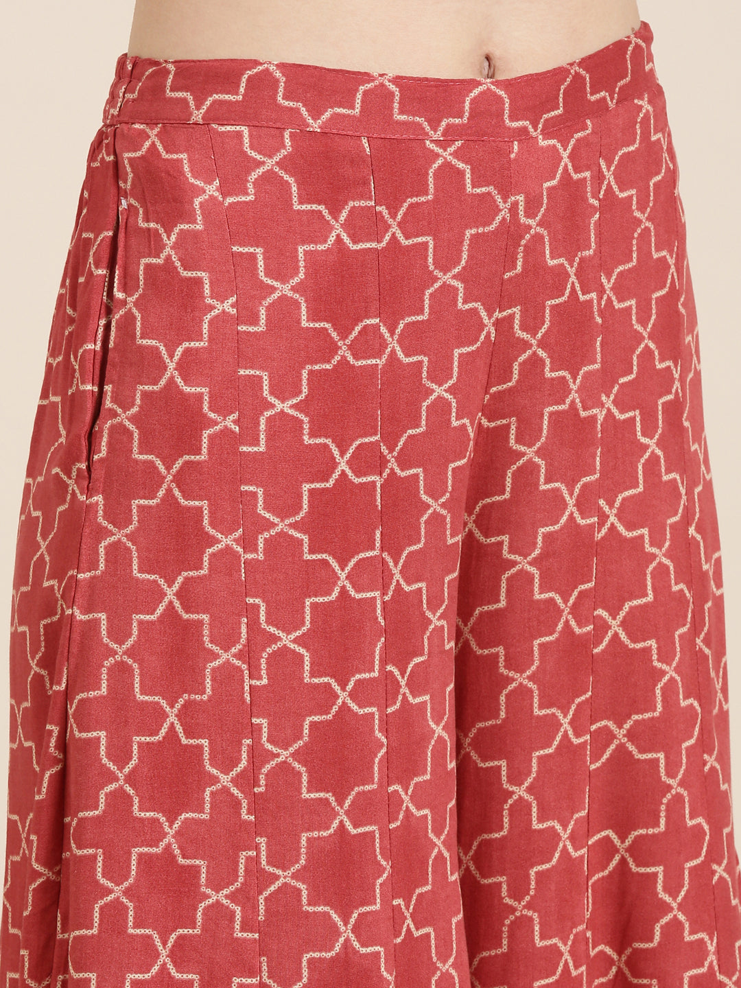 Women's Coral Geometric Printed Mirror Work Straight Kurta Set with Dupatta