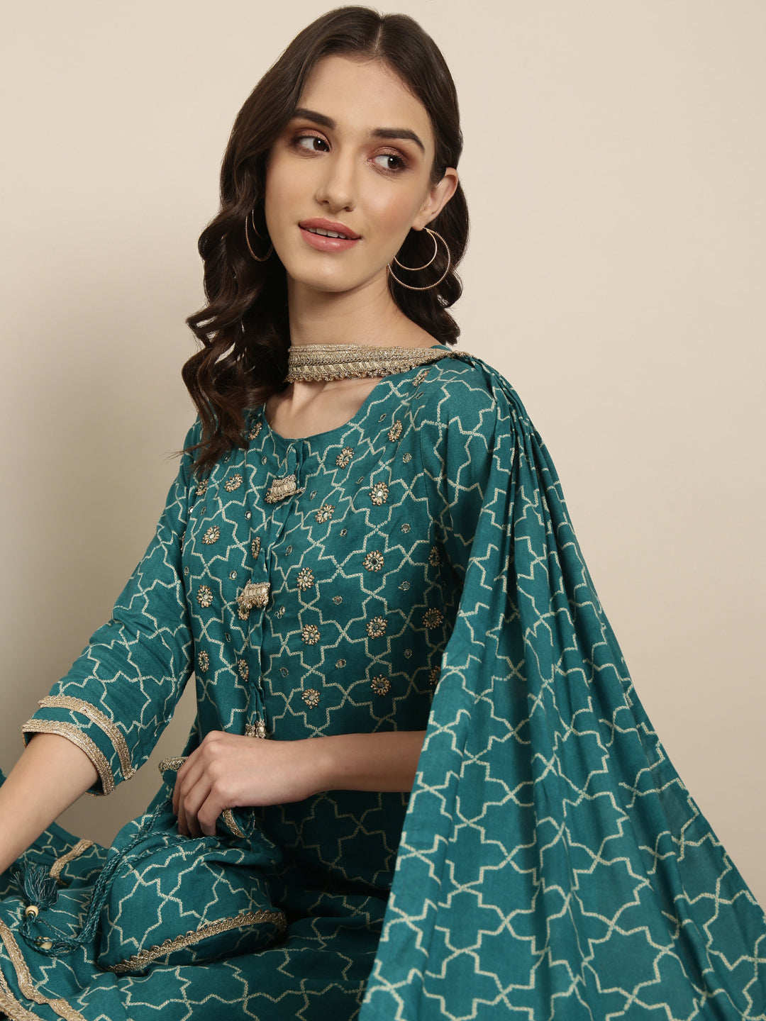 Women Teal Geometrical Kurta Set