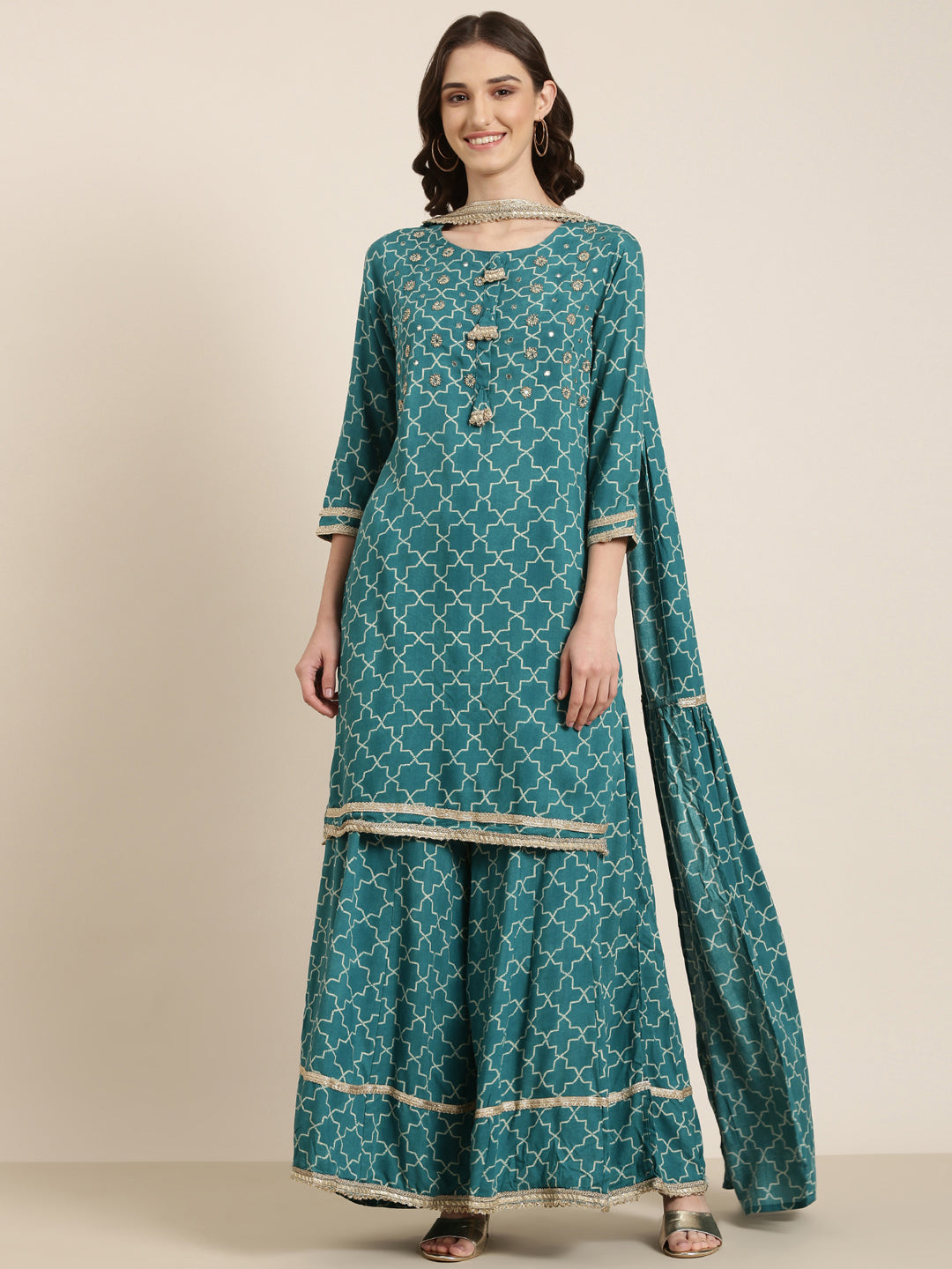 Women Teal Geometrical Kurta Set