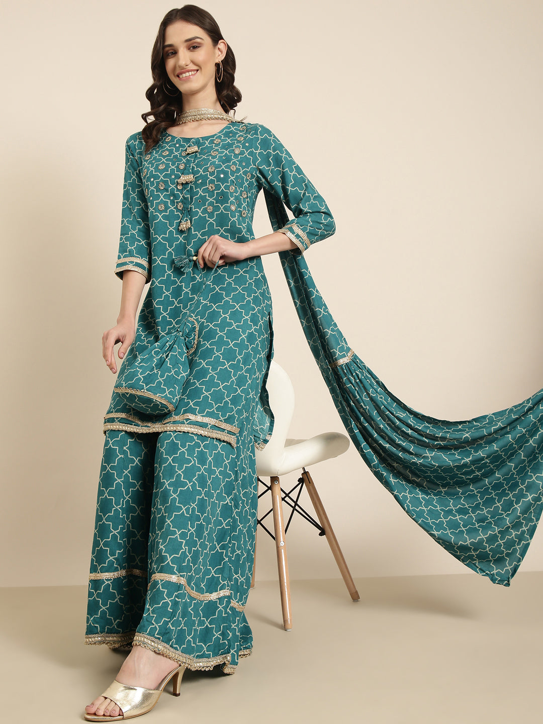 Women Teal Geometrical Kurta Set