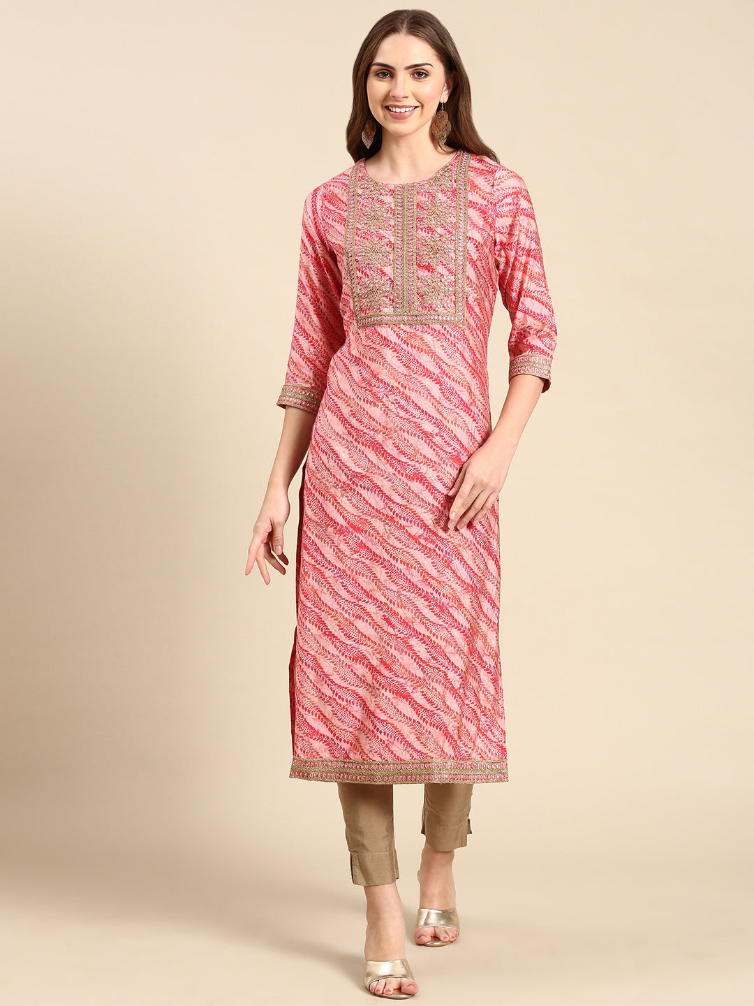 Women's Pink Printed Straight Kurta