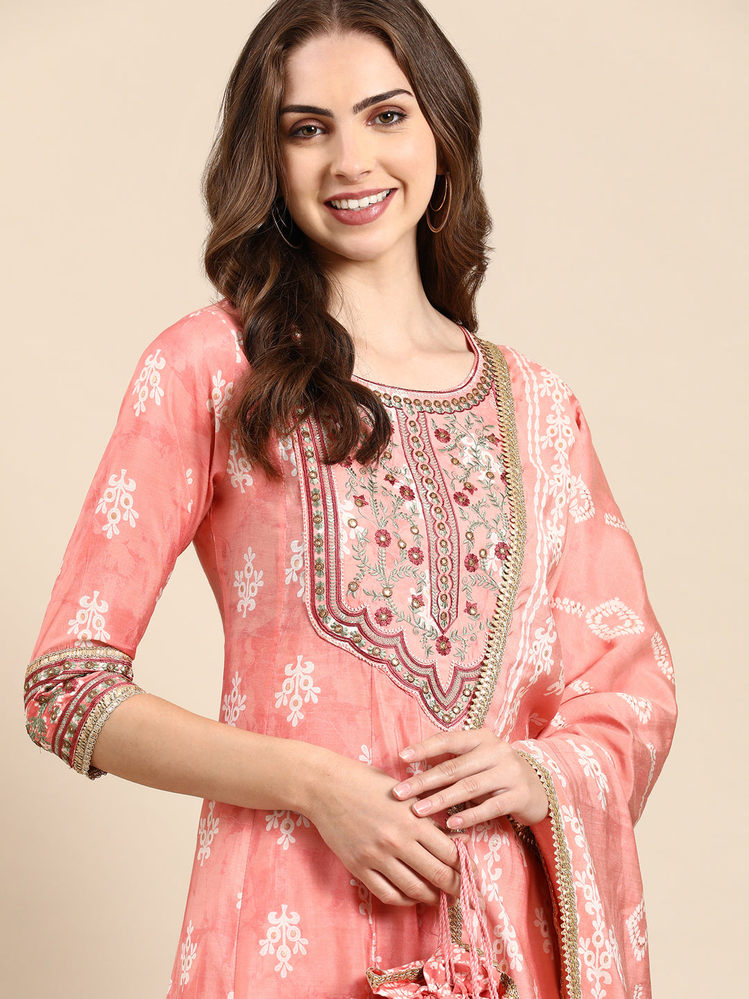 Women's Peach Printed Kurta Set