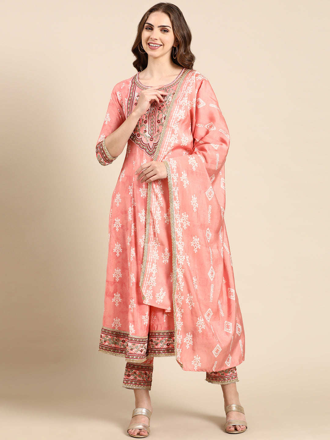 Women's Peach Printed Kurta Set