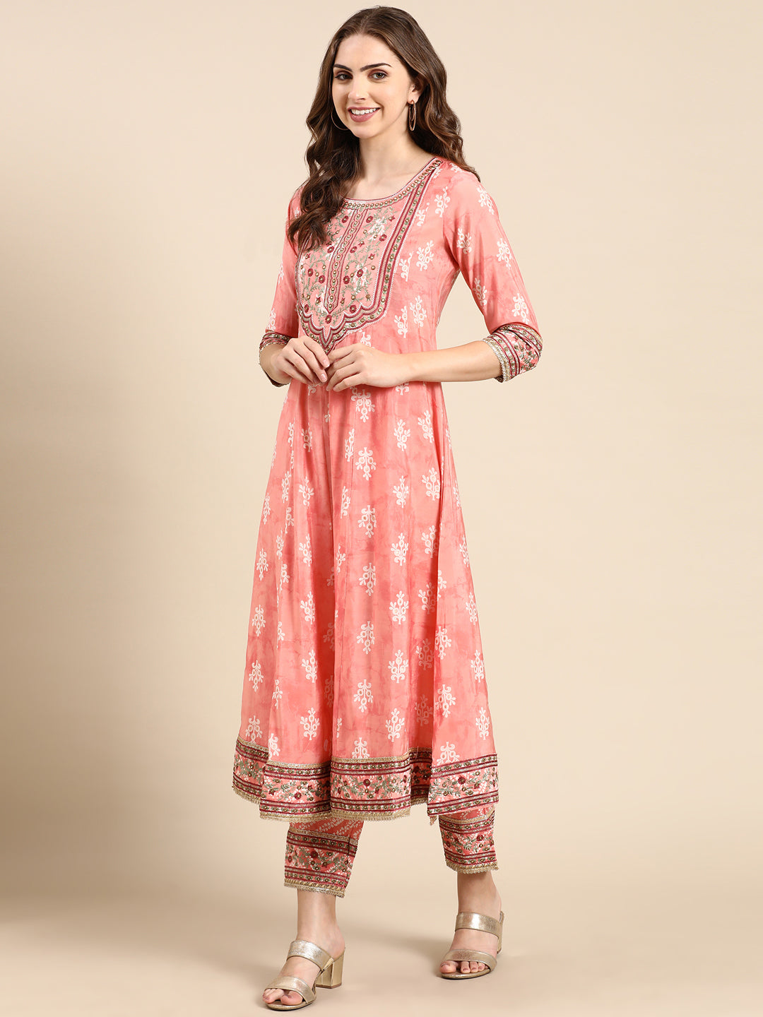 Women's Peach Printed Kurta Set