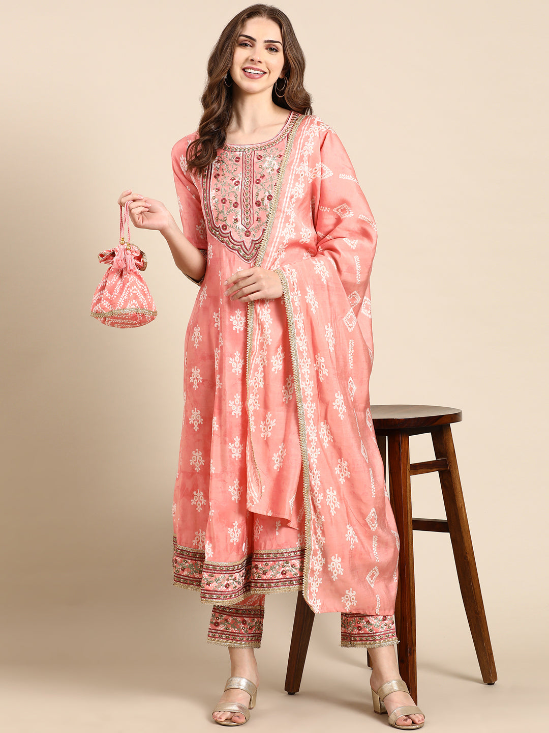 Women's Peach Printed Kurta Set