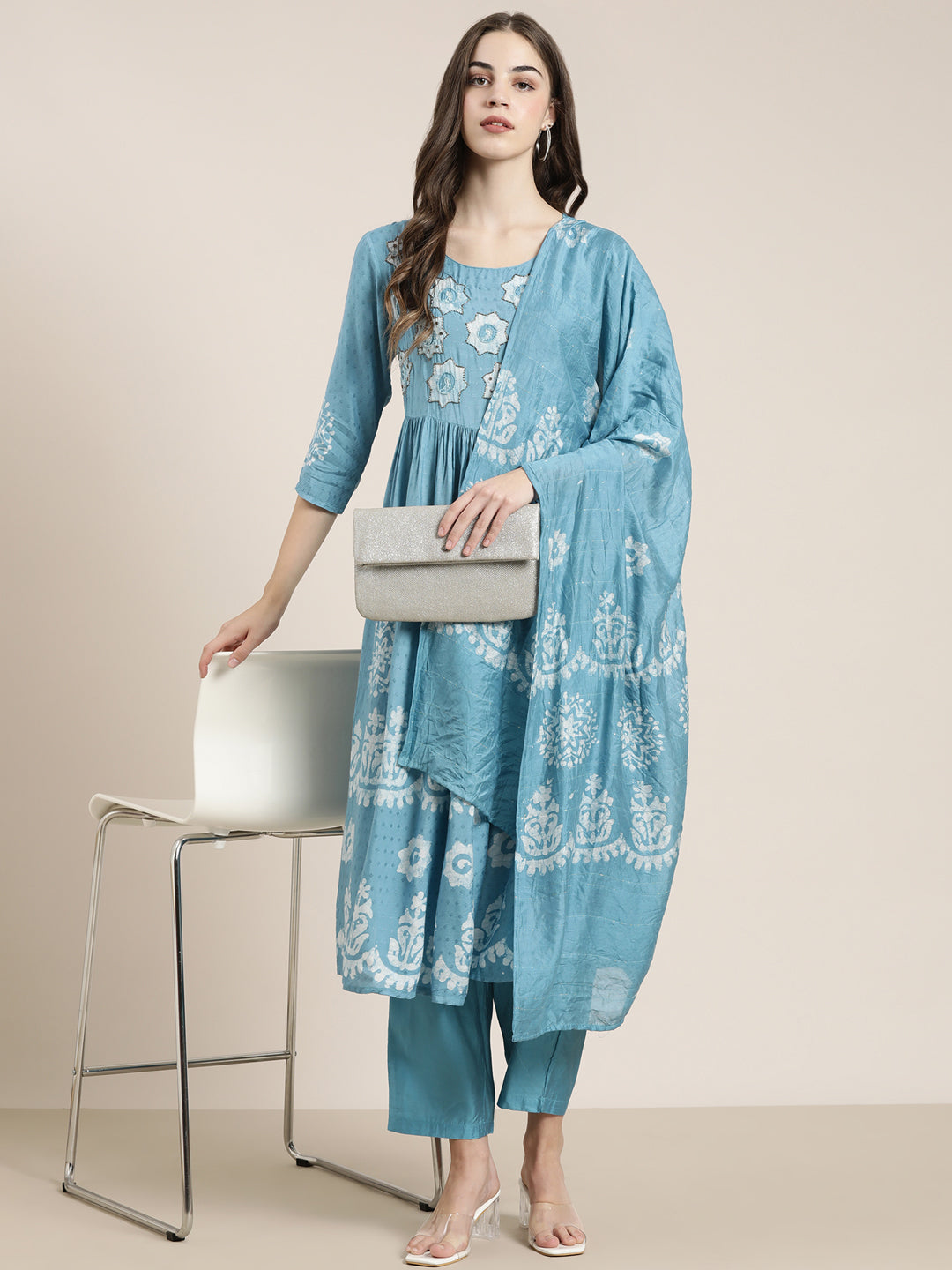 Women's Blue Ethnic Motifs Printed Empire Beads and Stones Kurta Set With Dupatta