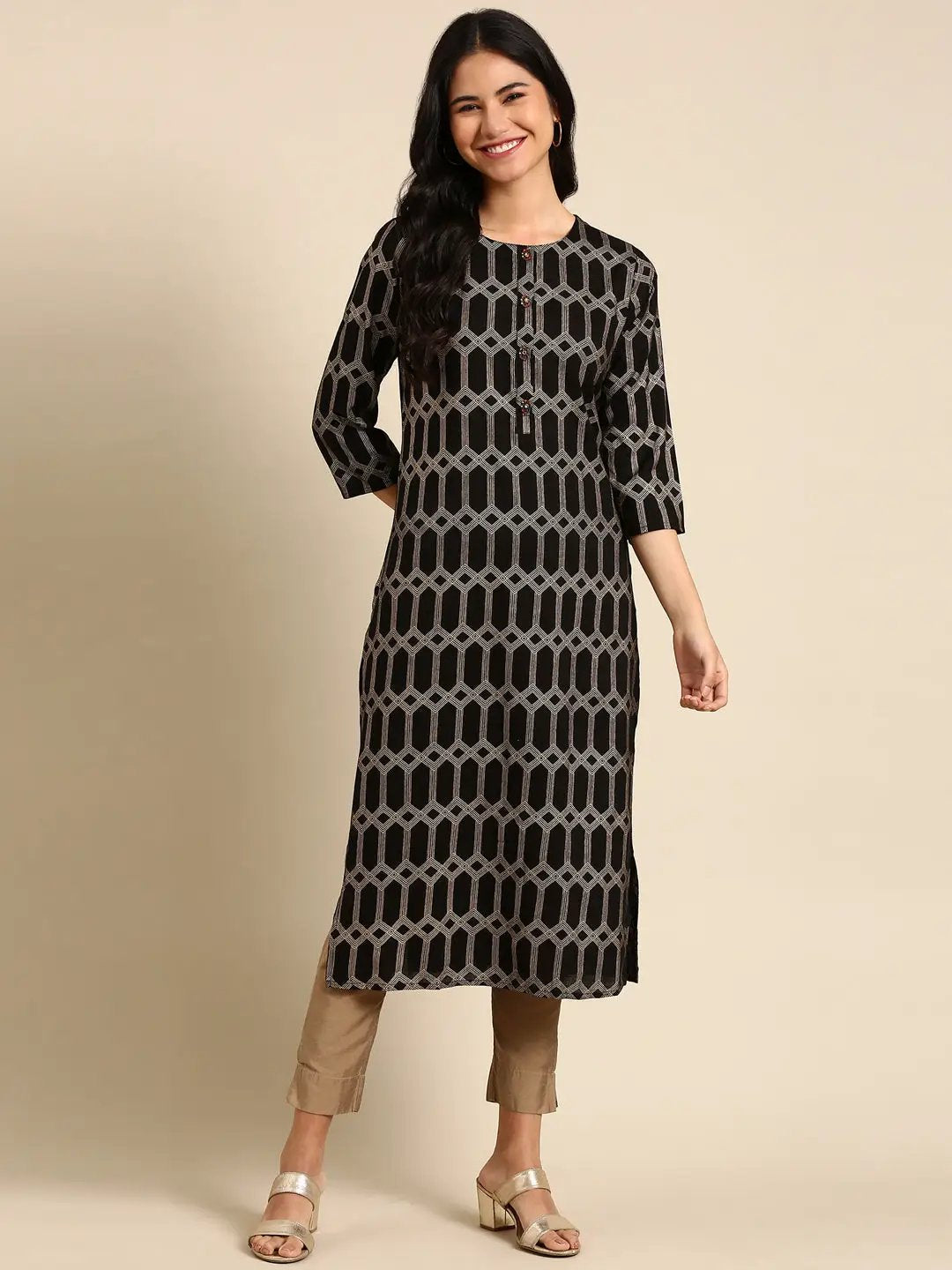 Women's Black Printed Straight Kurta