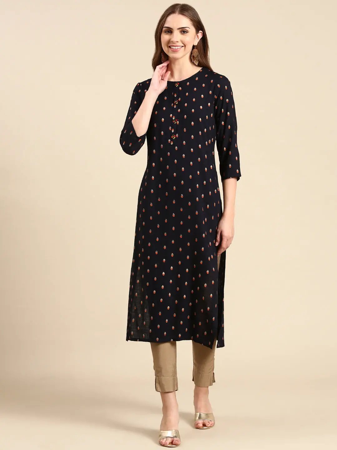 Women's Navy Blue Printed Straight Kurta