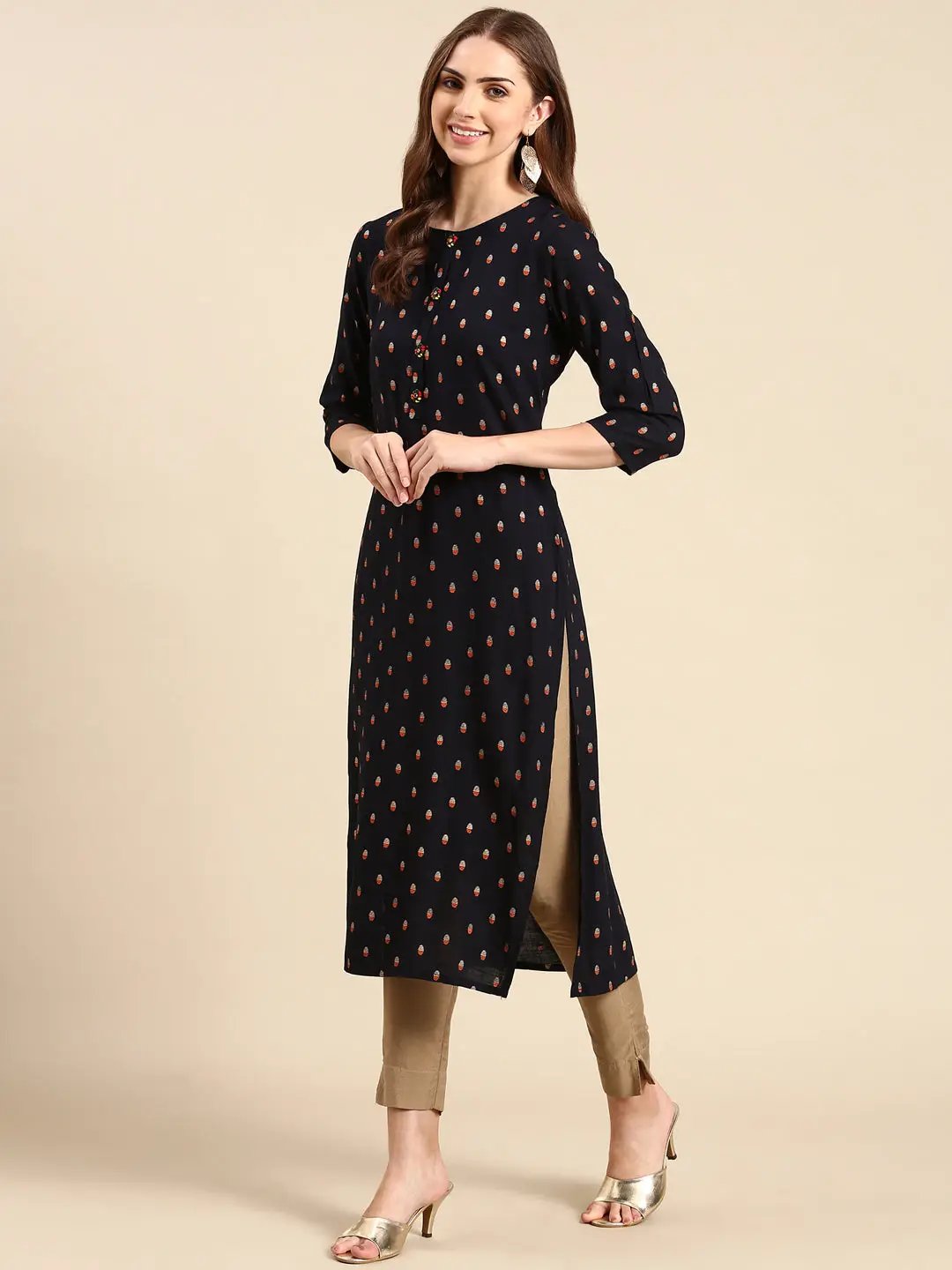 Women's Navy Blue Printed Straight Kurta