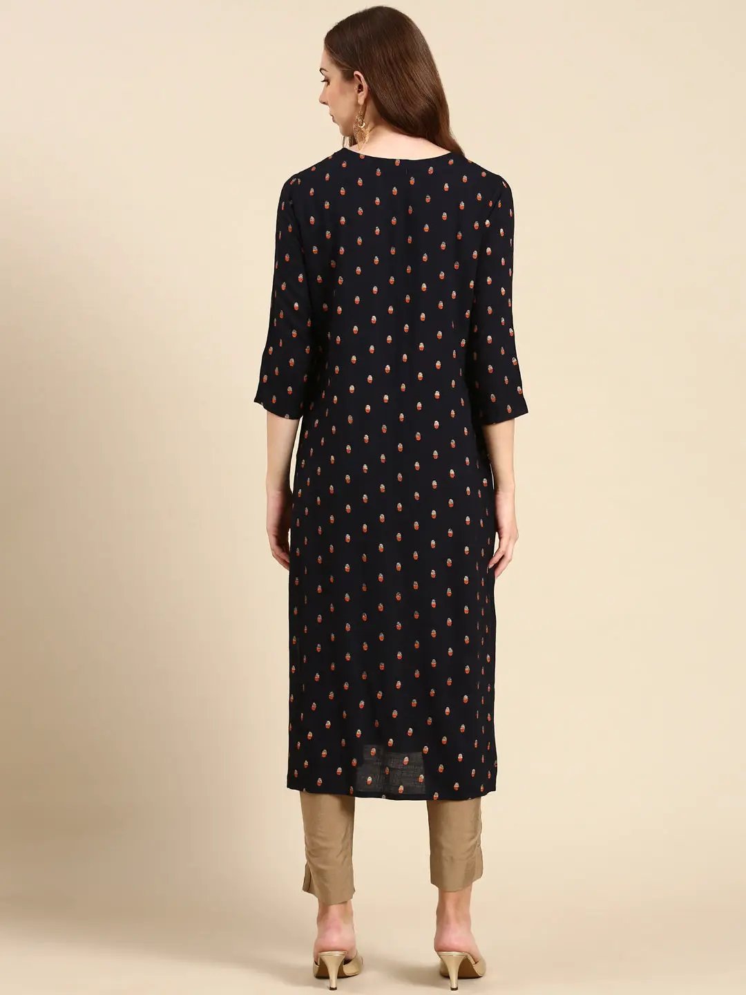 Women's Navy Blue Printed Straight Kurta