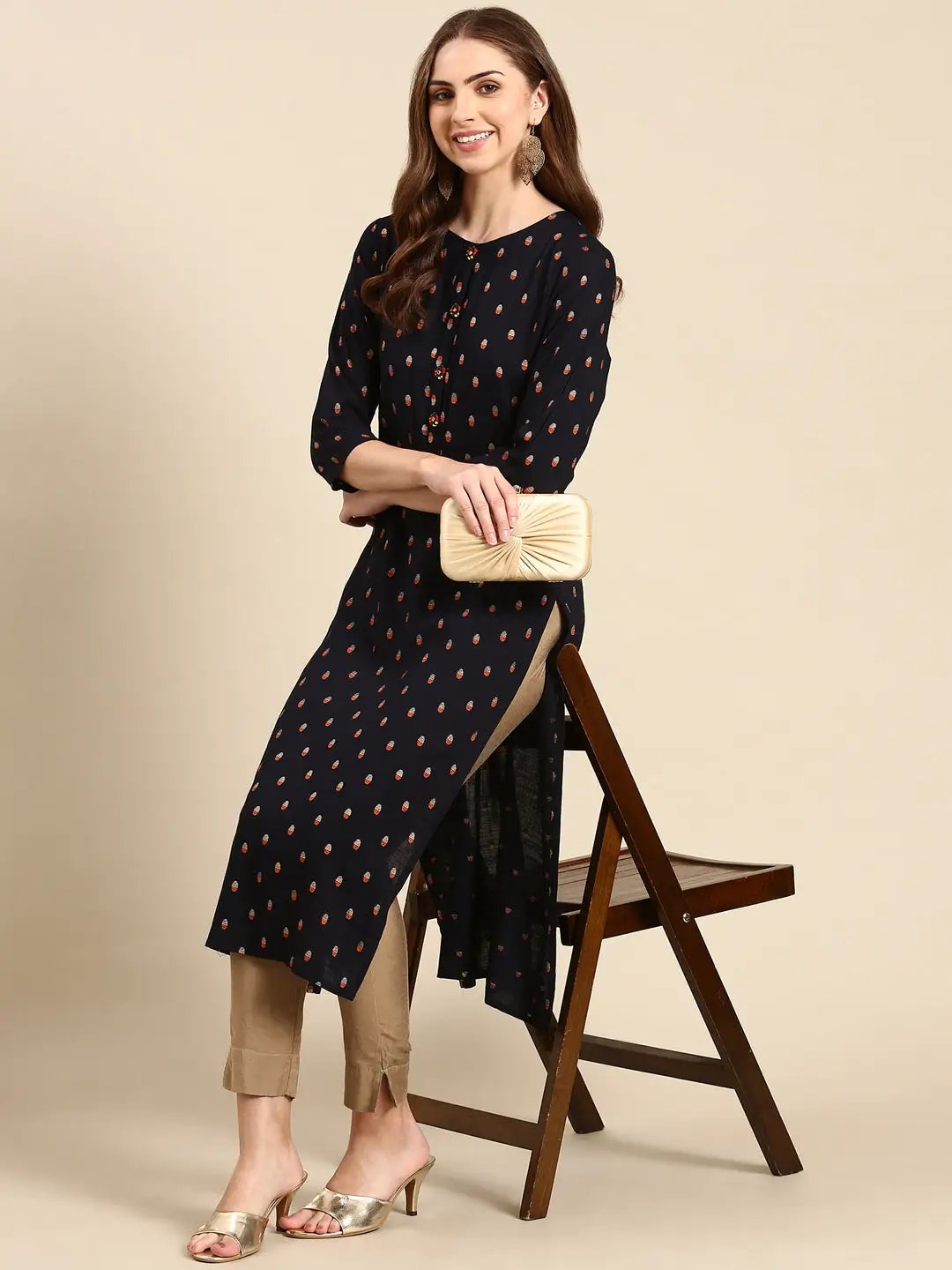 Women's Navy Blue Printed Straight Kurta