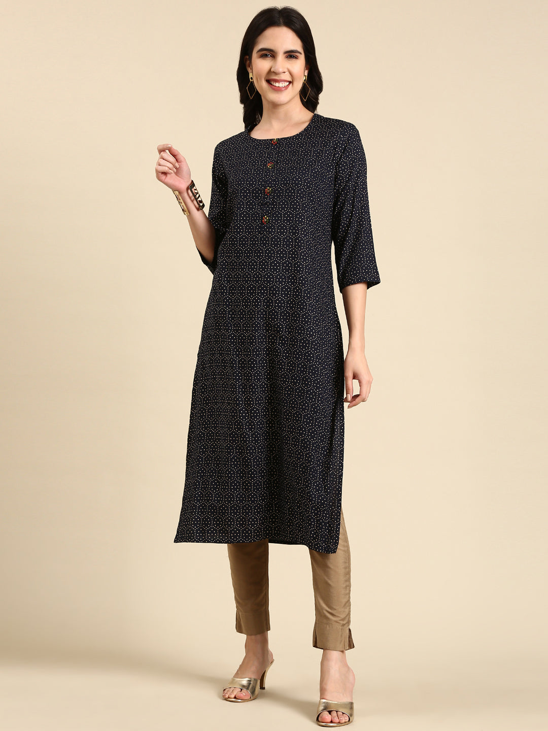 Women's Navy Blue Printed Straight Kurta