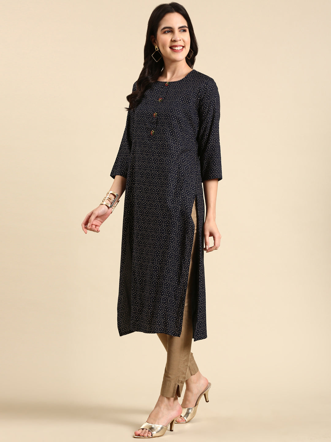 Women's Navy Blue Printed Straight Kurta