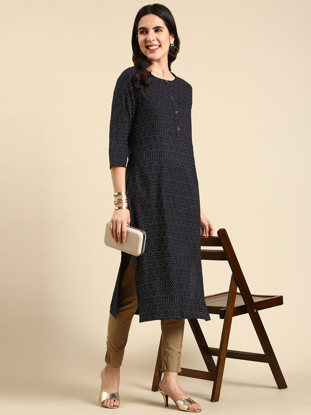 Women's Navy Blue Printed Straight Kurta