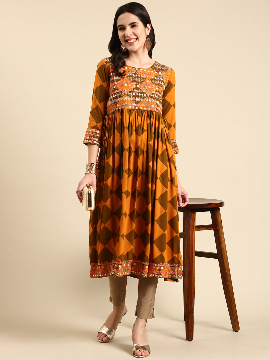 Women's Rust Printed Anarkali Kurta