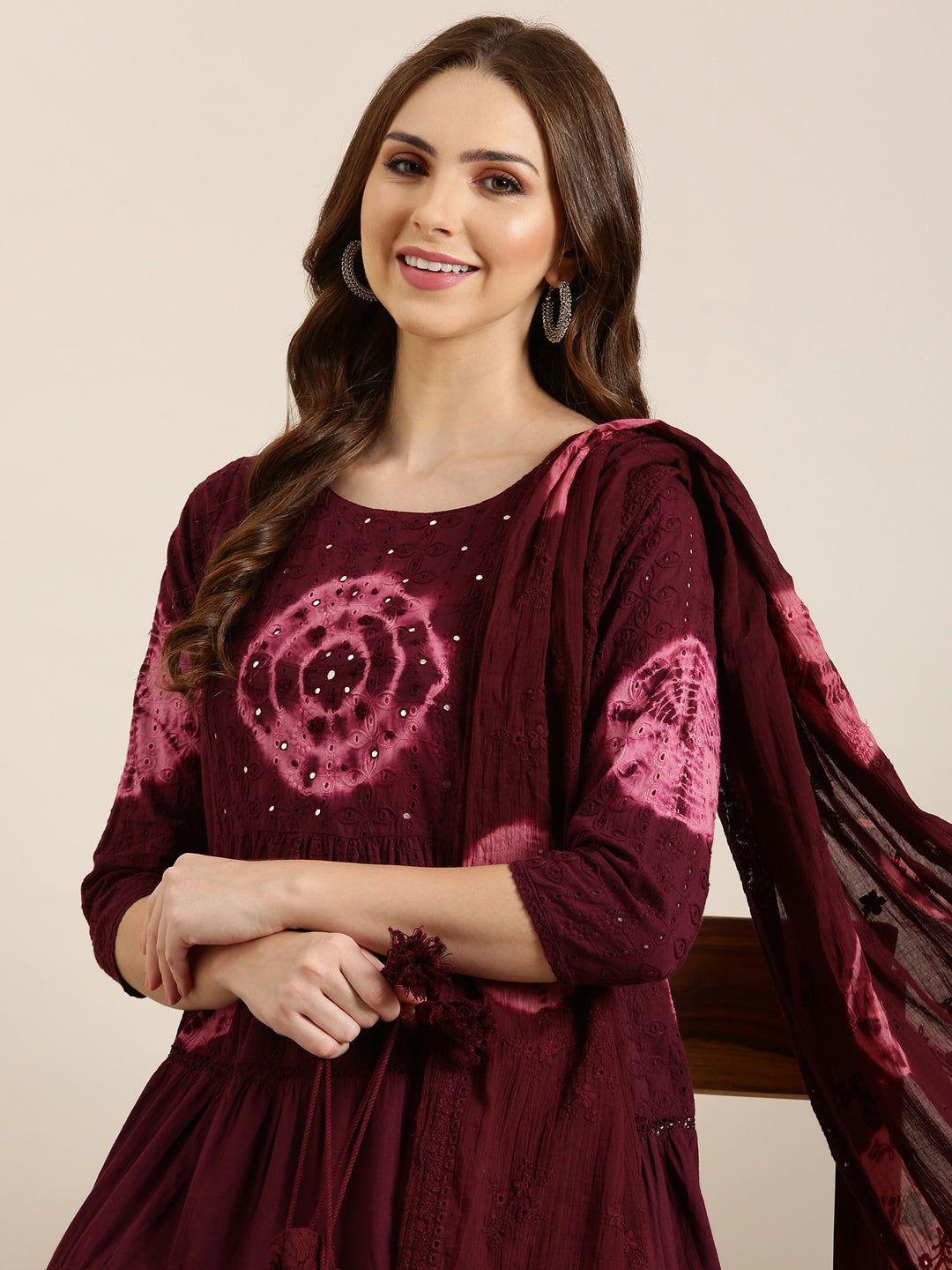 Women Maroon Woven Design Anarkali Kurta Set