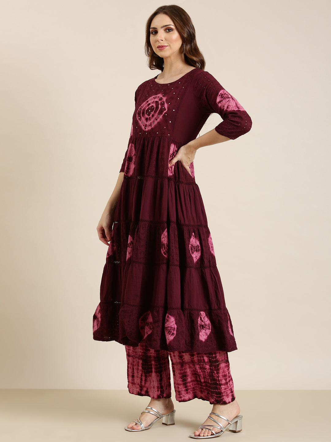 Women Maroon Woven Design Anarkali Kurta Set