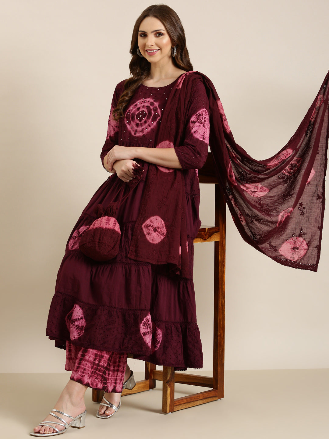 Women Maroon Woven Design Anarkali Kurta Set