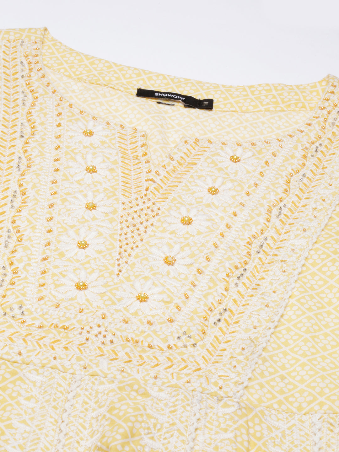 Women's Yellow Floral Printed Empire Thread Work Kurta Set With Dupatta