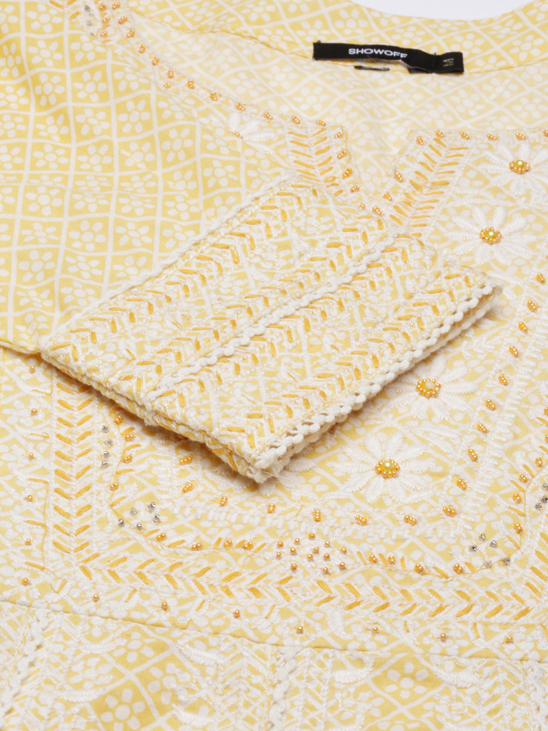 Women's Yellow Floral Printed Empire Thread Work Kurta Set With Dupatta