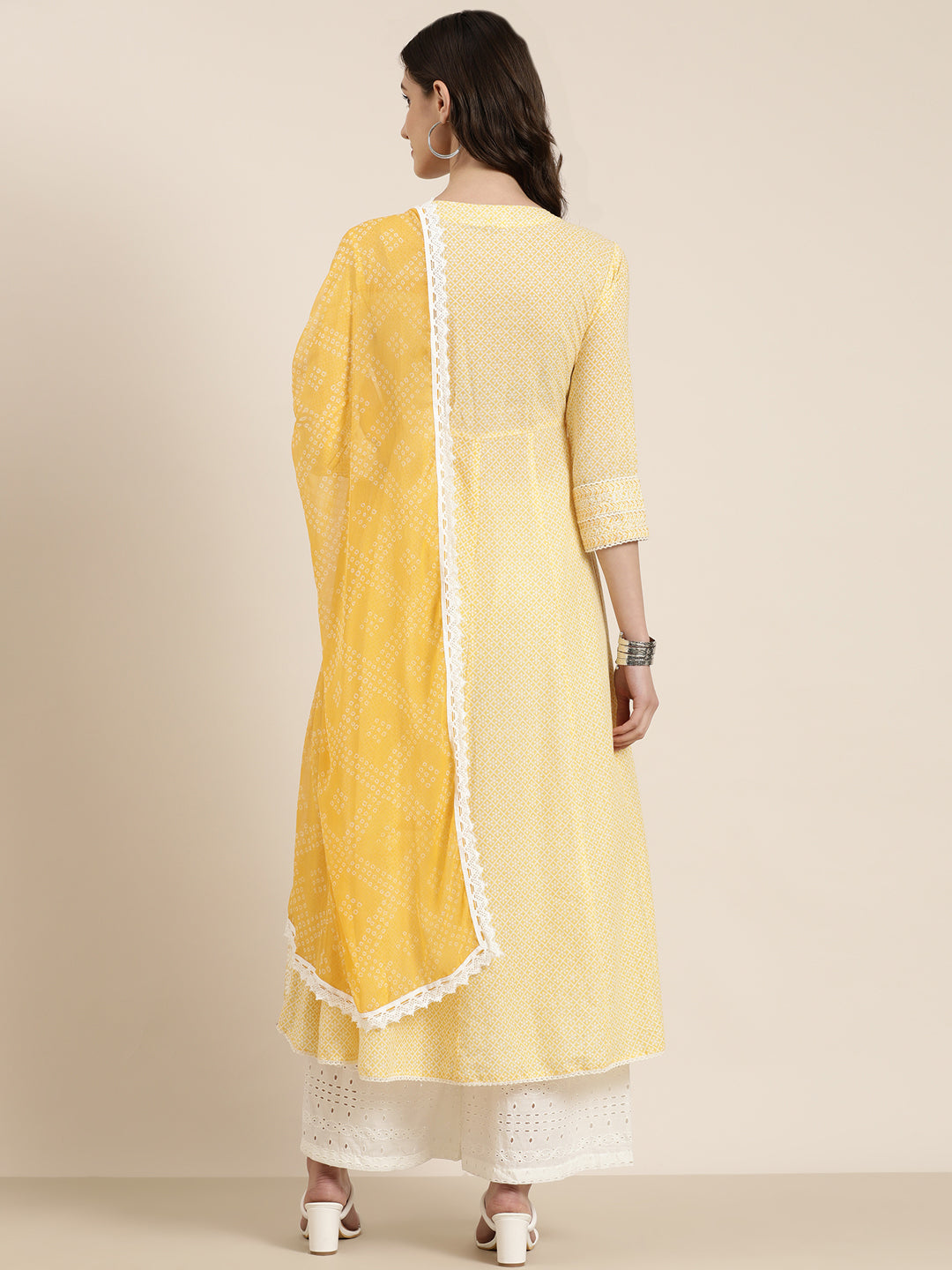 Women's Yellow Floral Printed Empire Thread Work Kurta Set With Dupatta