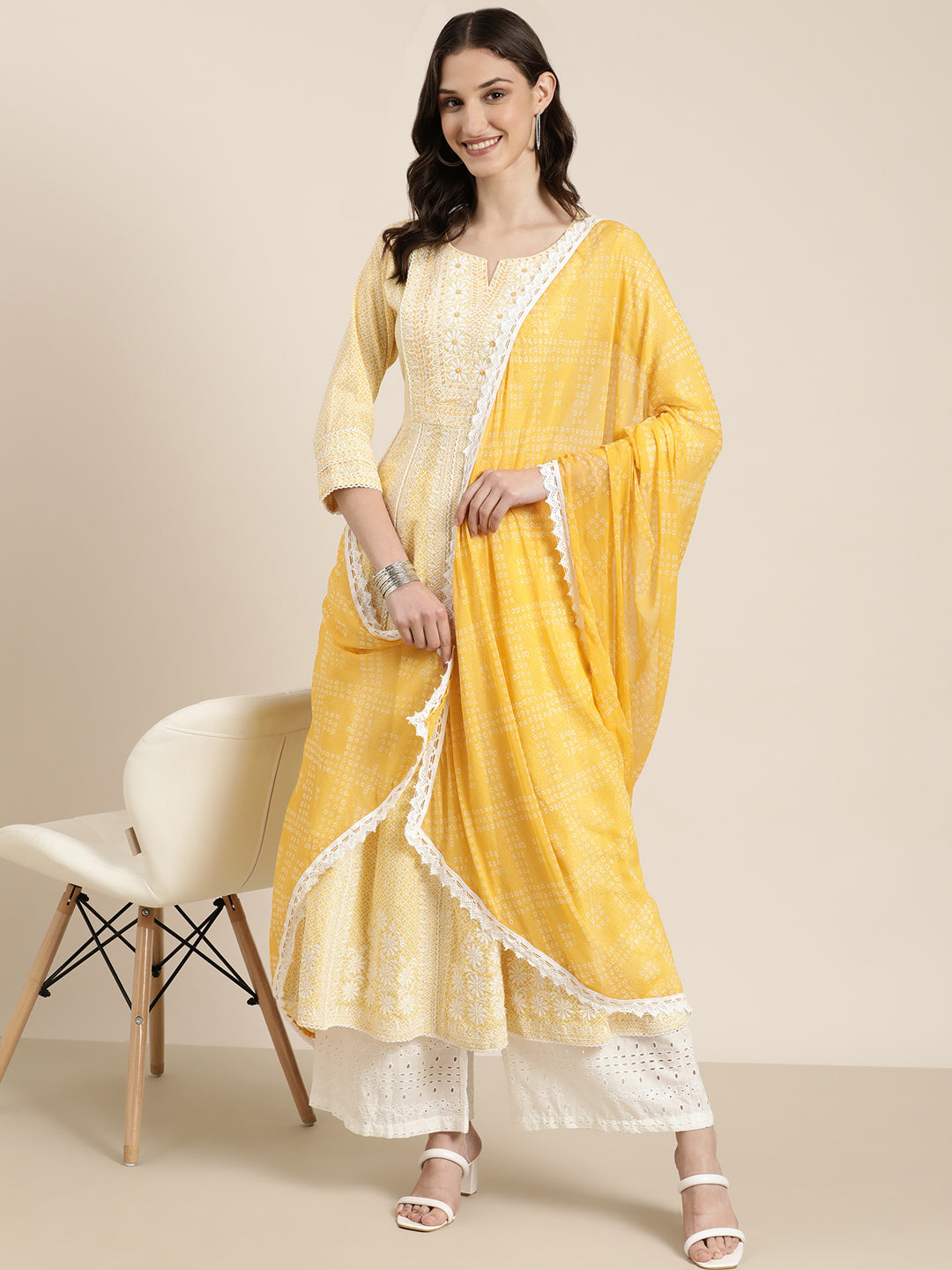 Women's Yellow Floral Printed Empire Thread Work Kurta Set With Dupatta