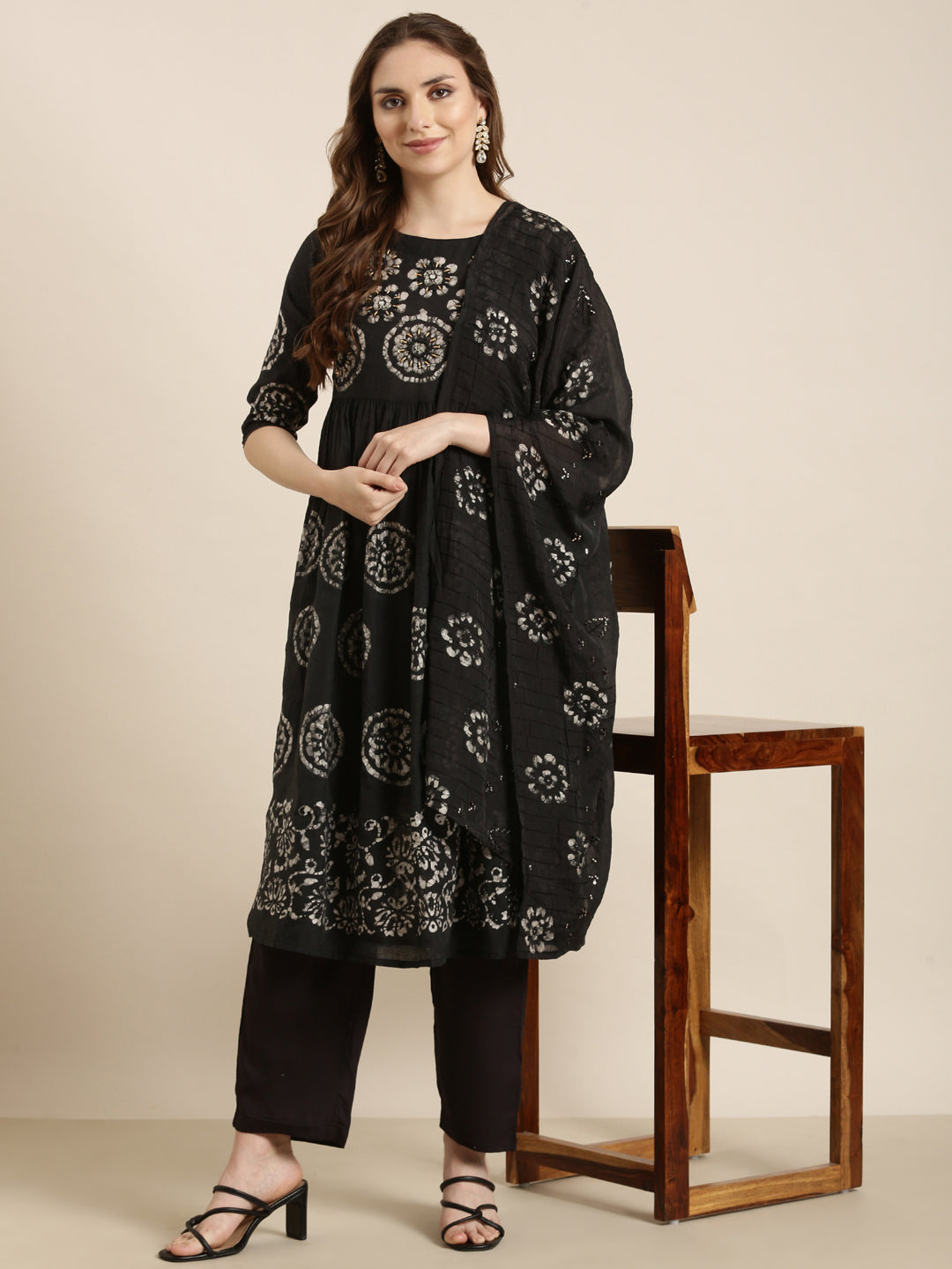 Women A-Line Black Ethnic Motifs Kurta and Trousers Set Comes With Dupatta