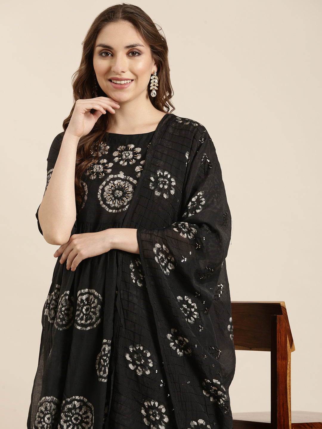 Women A-Line Black Ethnic Motifs Kurta and Trousers Set Comes With Dupatta