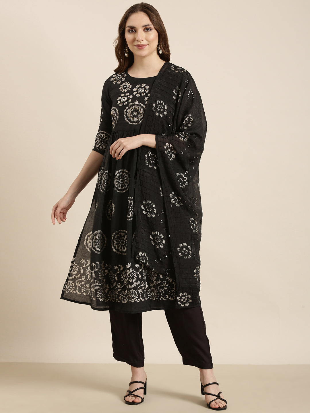 Women A-Line Black Ethnic Motifs Kurta and Trousers Set Comes With Dupatta