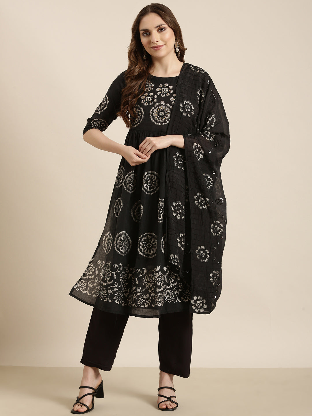 Women A-Line Black Ethnic Motifs Kurta and Trousers Set Comes With Dupatta